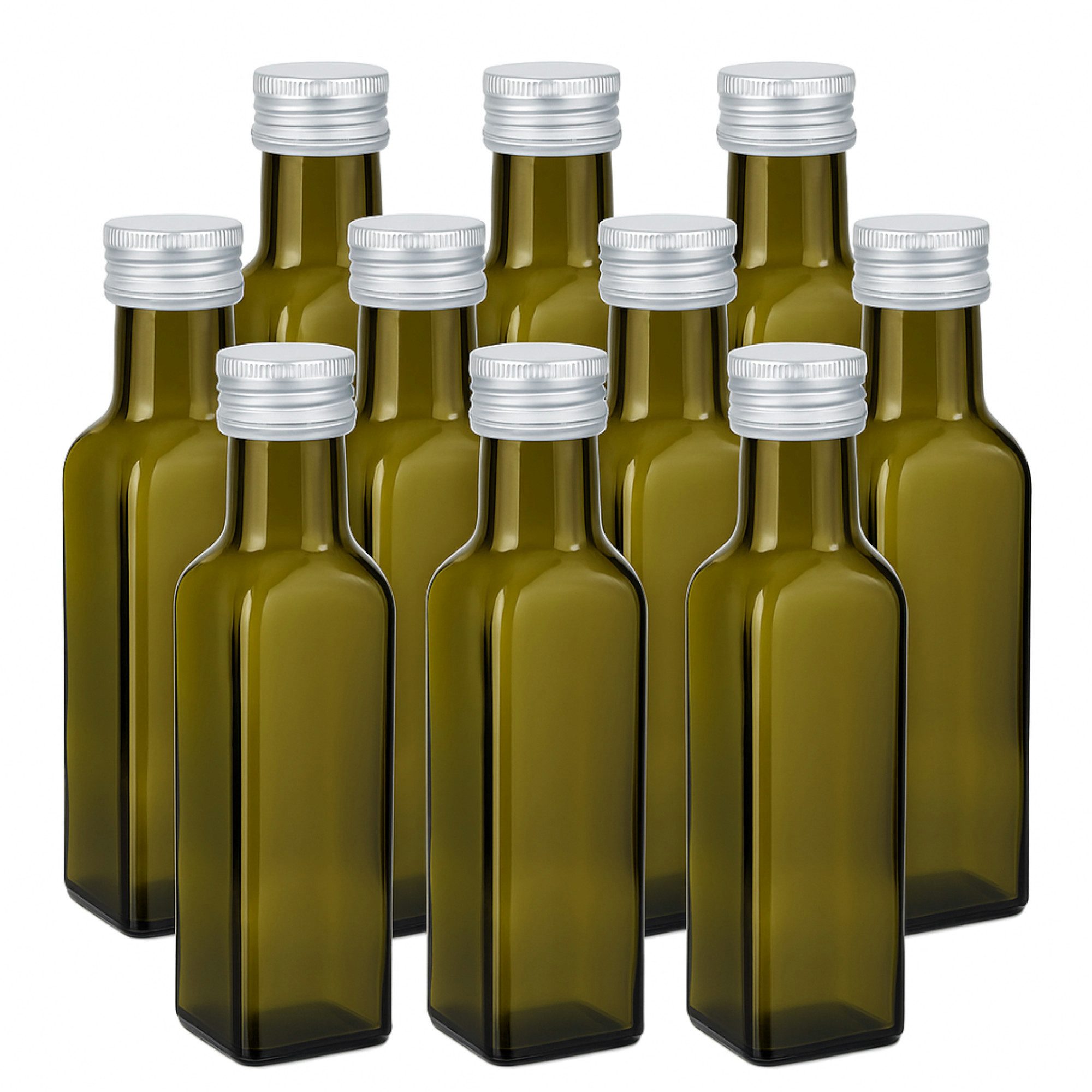 gouveo Trinkflasche Glasflaschen 250 ml Maraska -Antik- mit Schraubdeckel - Flasche 0,25 l, 10er Set, silberfarben