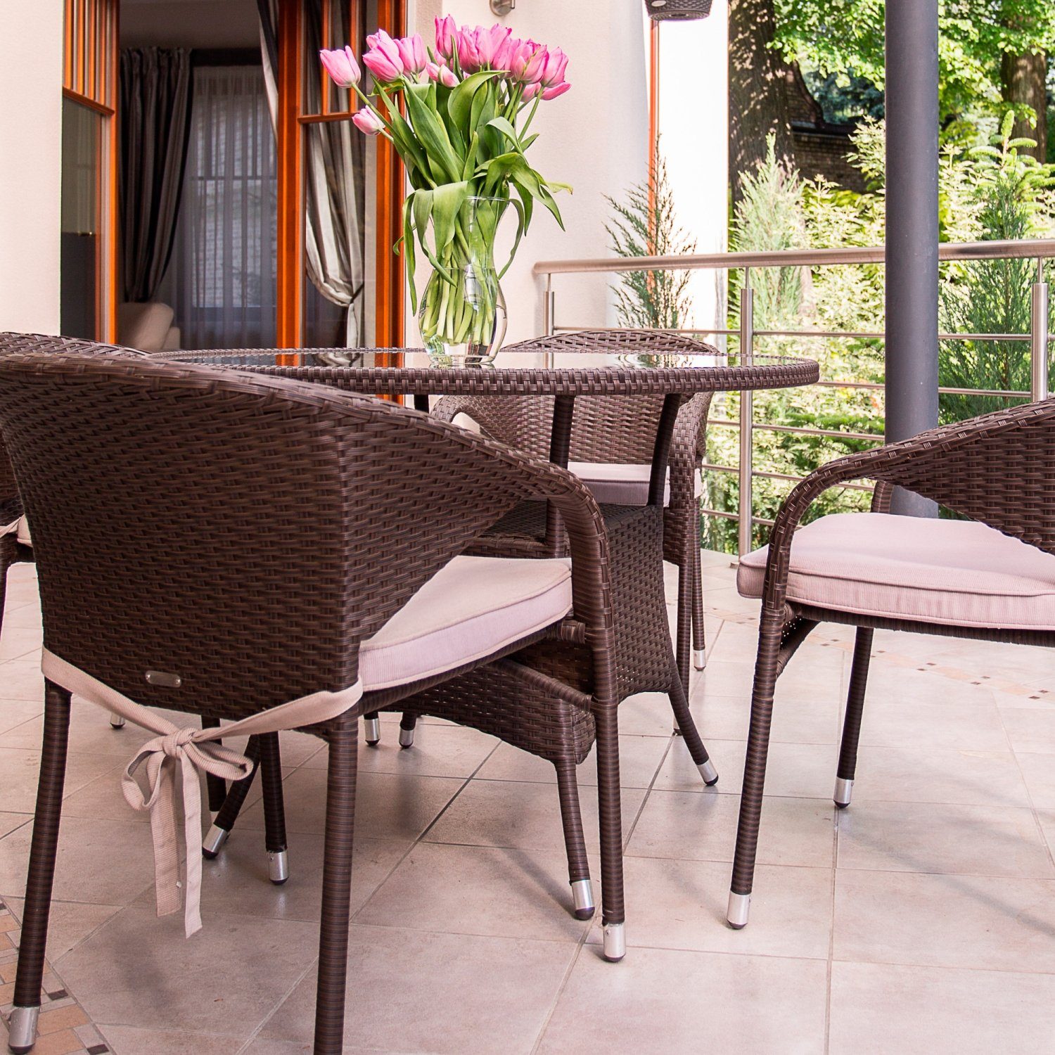 Modell- Gartentisch Rund, Kaffeetisch, Glas und Polyrattan, Loungetisch STILISTA Farbwahl Balkontisch Tischplatte, Beistelltisch Creme