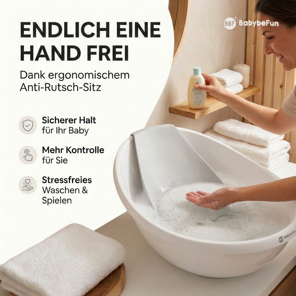 BabyBeFun Babybadewanne mit Badewanneneinsatz für Neugeborene, Rutschfeste Babywanne, Inkl. Safety-Pad