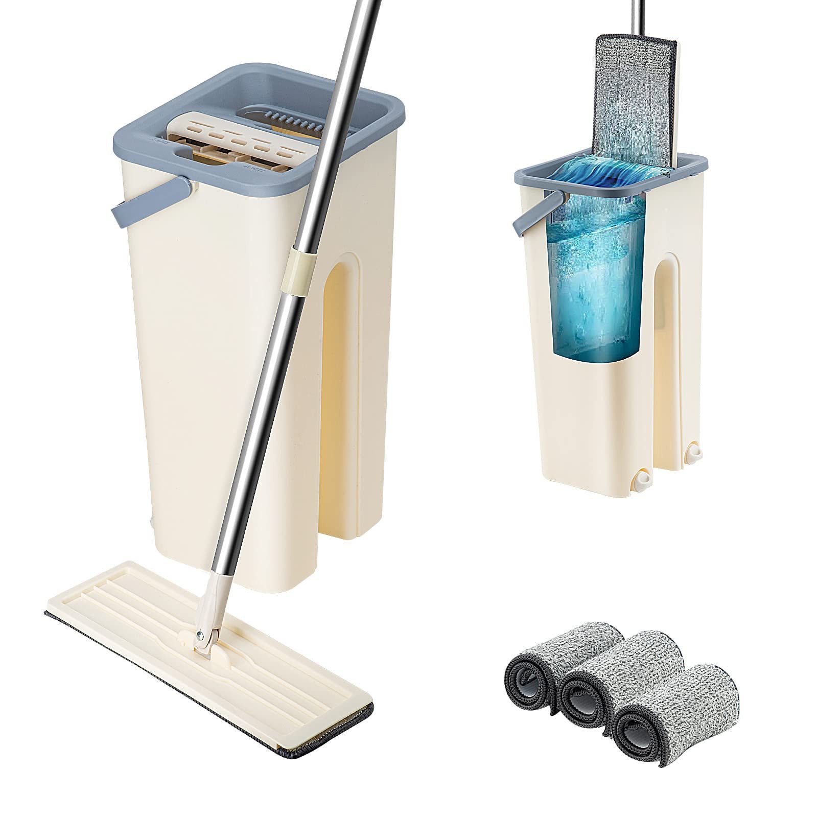 Youyijia Wischmopp Set mit Eimer – Flacher Bodenwischer mit Auswringfunktion Moppaufsatz
