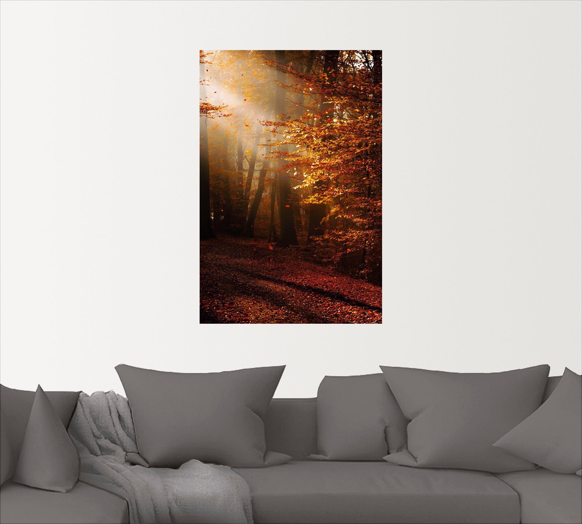 Leinwandbild, Wandaufkleber in Herbst, als (1 Wald Sonnenaufgang Wandbild Poster im oder St), versch. Größen Artland Alubild,