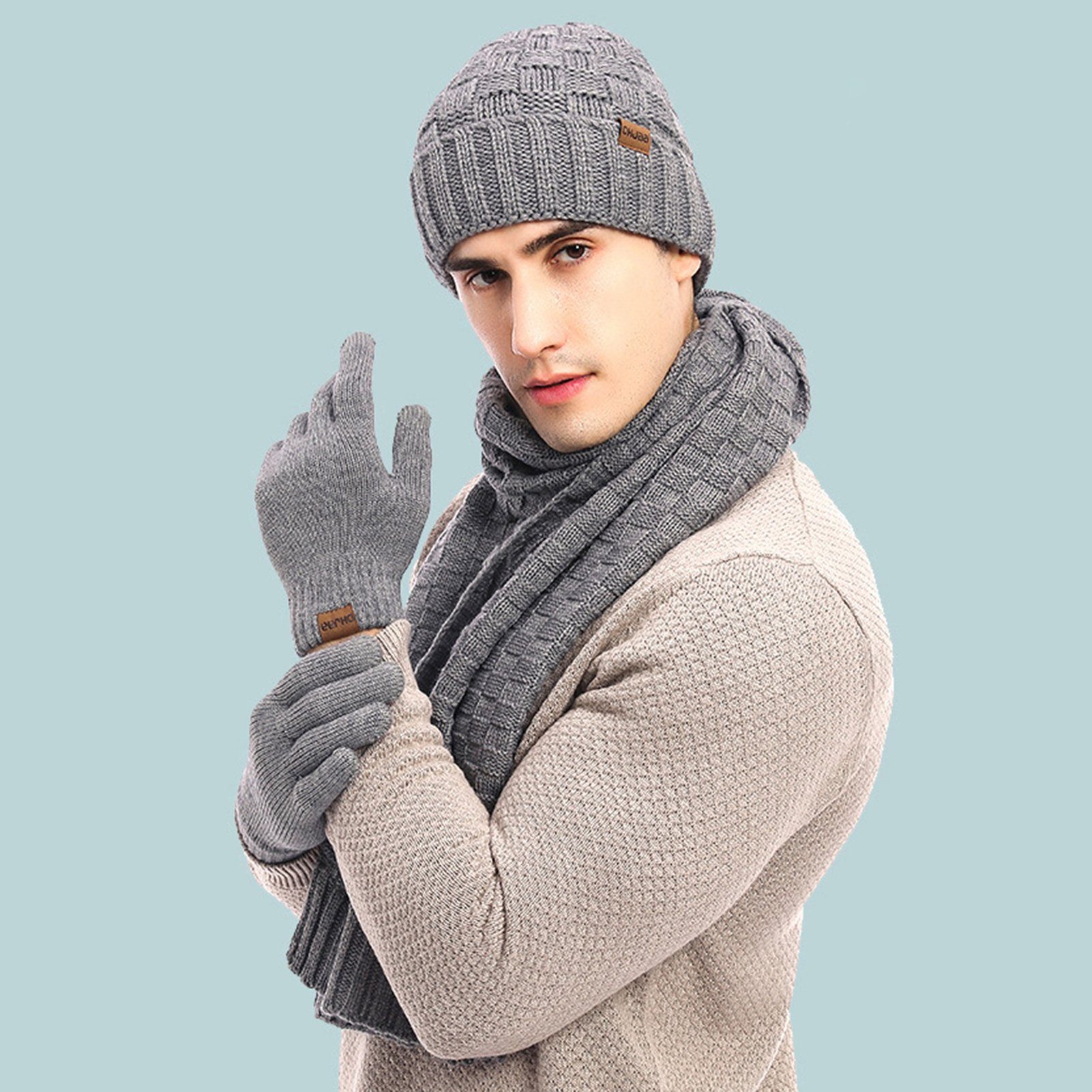 Warm Schal und Damen kältebeständiges, Außenbereich) Strickmütze Herren Fleece-Set für warmes Mütze den Set Winter für Grau und Rutaqian Handschuhe (Dreiteiliges,