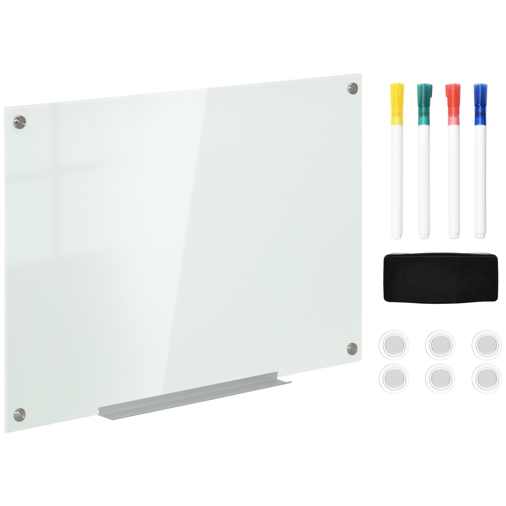 FANNOU Magnettafel Whiteboard Magnettafel, 90x60cm, Staffelei Glastafel für Wandmontage, mit 4 Stiften 6 Magneten 1 Schwamm und Ablage
