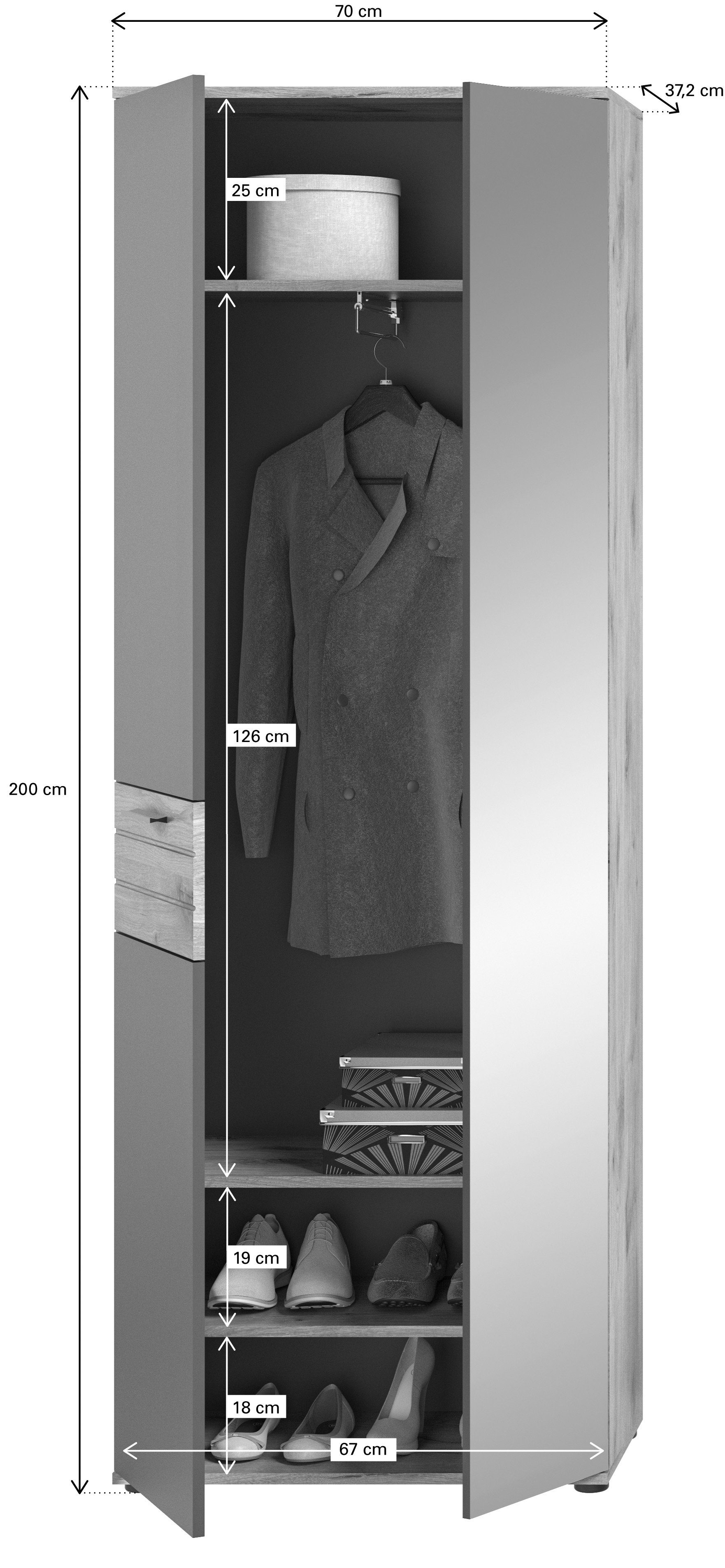furnling Garderobenschrank Moskau Breite Höhe cm, cm, cm, 200 Eiche, 37 Soft-Close Grau, Tiefe 70