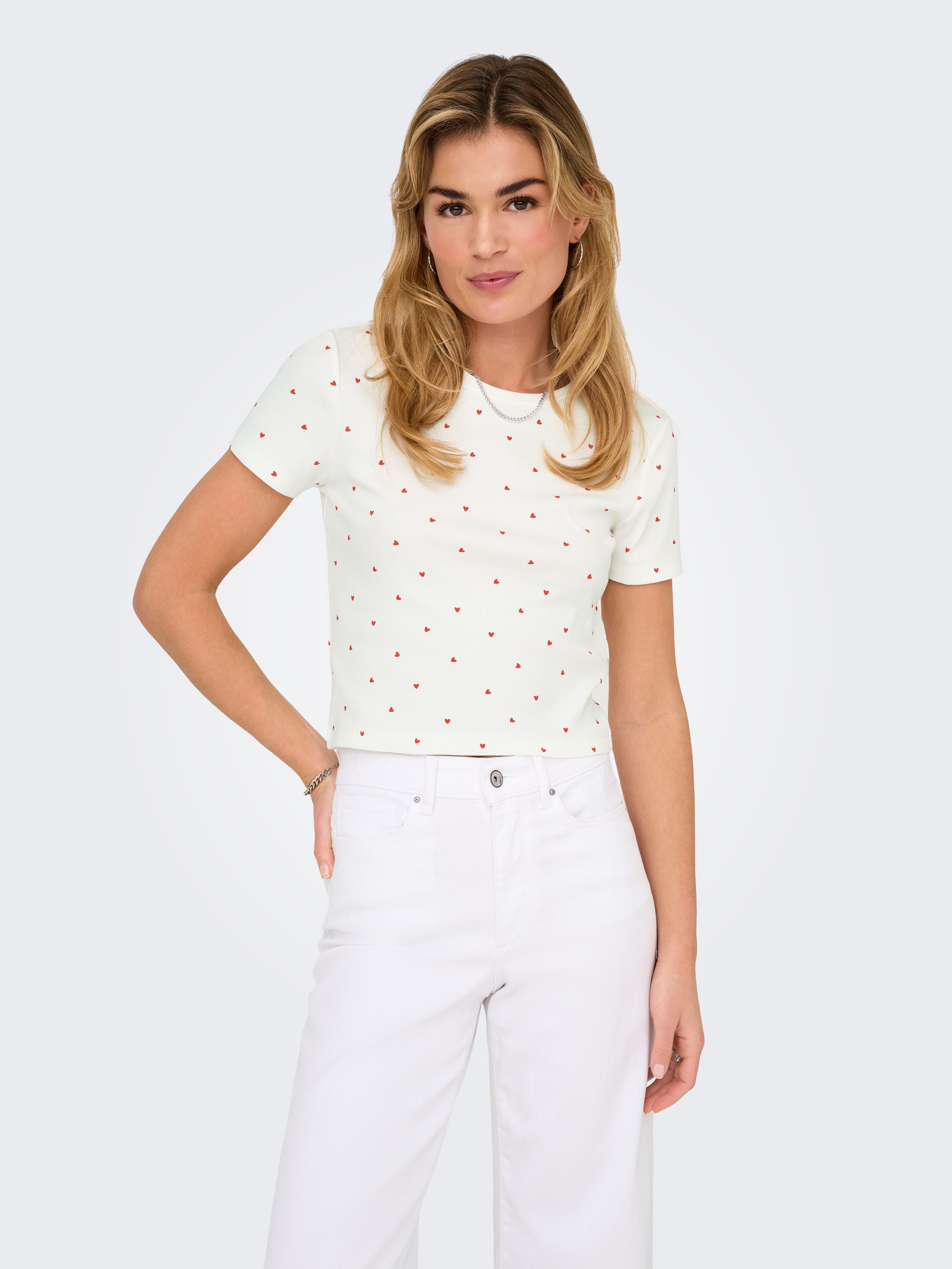 ONLY Kurzarmshirt ONLFENJA LIFE SS AOP TOP JRS NOOS Baumwollmischung, Cropped Fit, Rundhals