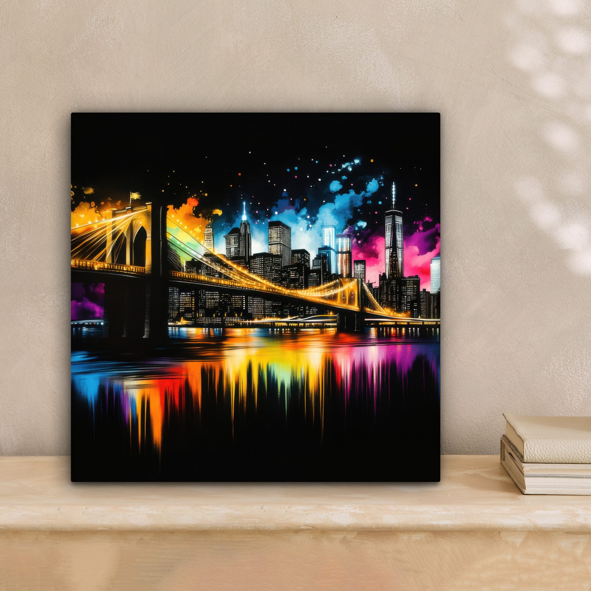 OneMillionCanvasses® Leinwandbild Skyline - Brücke - Beleuchtung - Farben, Fotodruck (1 St), Wandbild, Deko Schlafzimmer Wohnzimmer Flur 20x20 cm