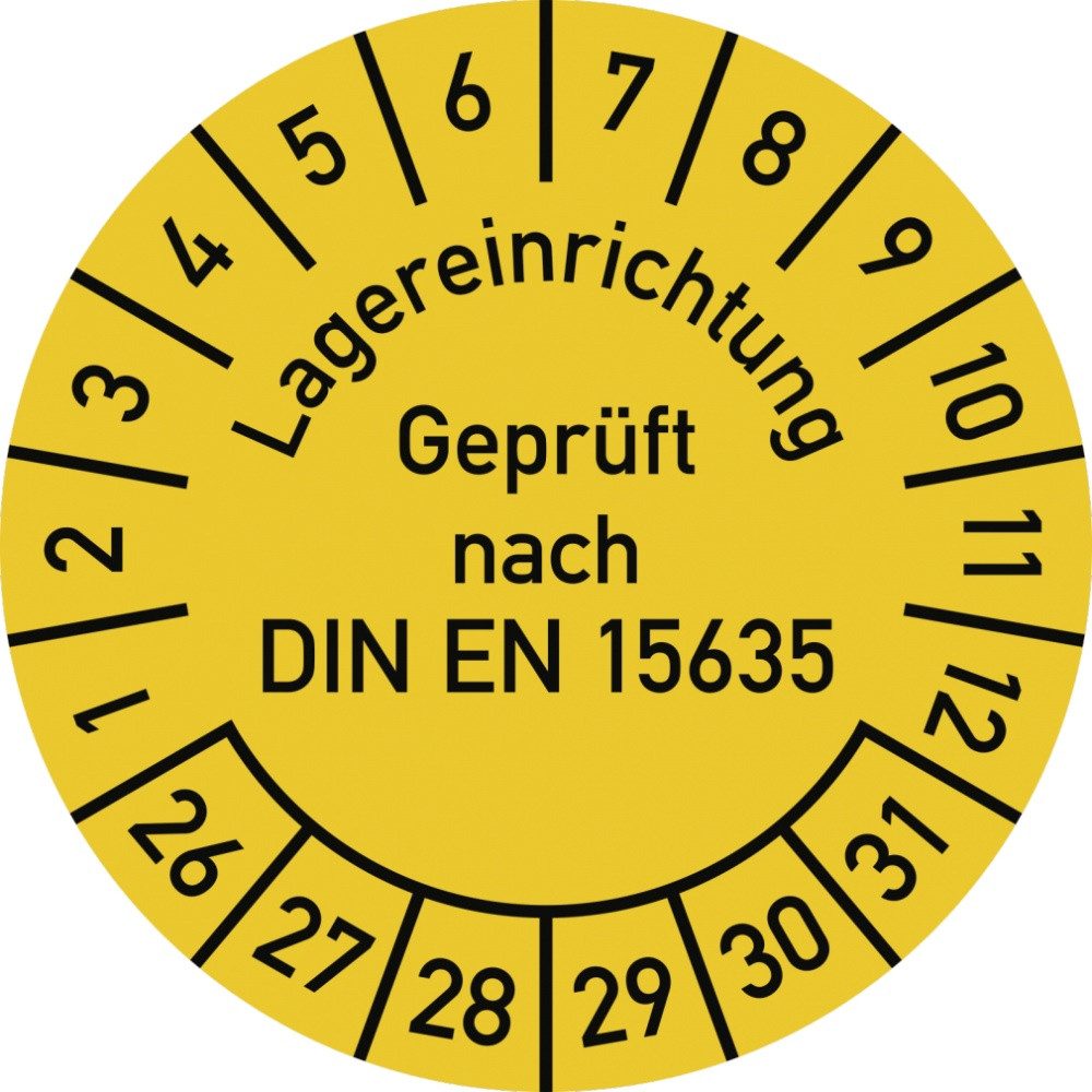 Hinweisschild Prüfplakette Lagereinrichtung ... 2026-2031, Dokumentenfolie, Ø 30 mm