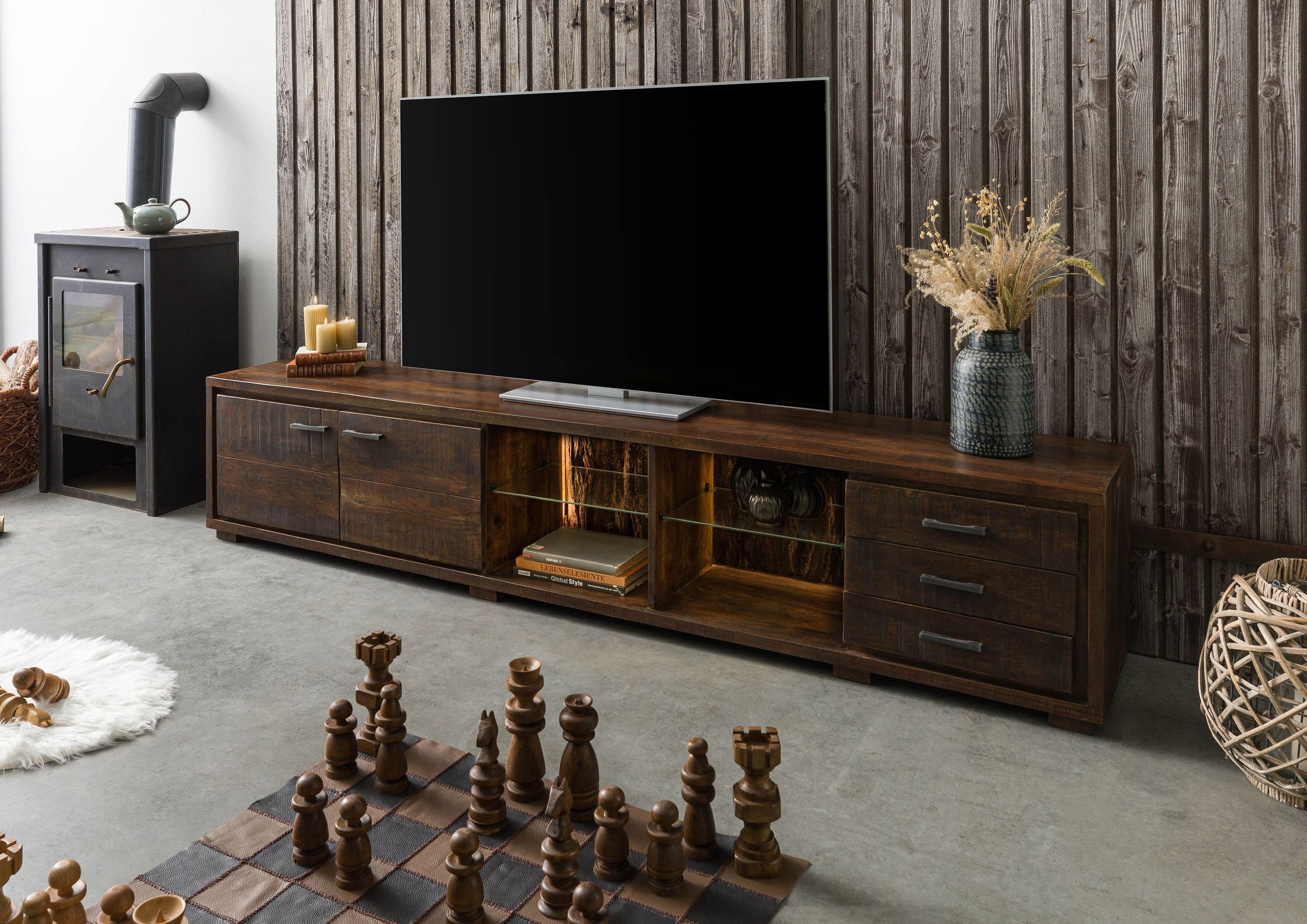 Massivmoebel24 TV-Board BARK (Massivholz), Akazie 235x40x47 dunkelbraun lackiert BARK #216