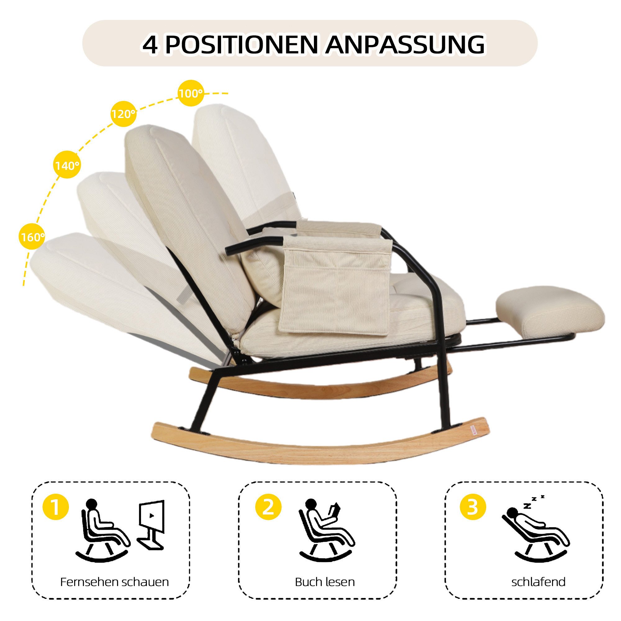 CANMOV Relaxsessel Schaukelstuhl mit ausziehbarer Fußstütze, Ergonomischer Schaukelsitz, mit Kissen und Fußstützung, verstellbare Rückenlehne 100°–160°