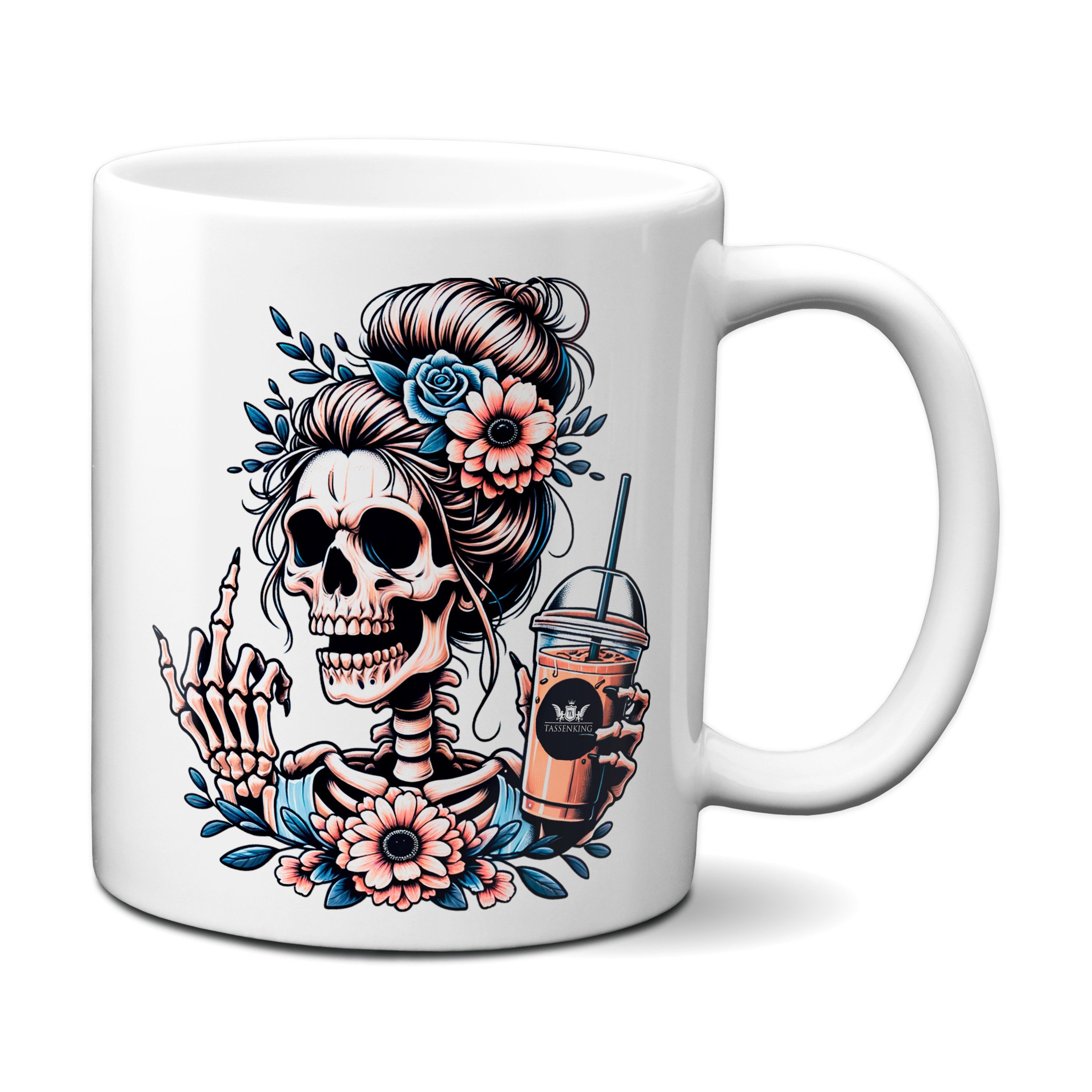 TASSENKING Tasse, Skull Frau mit Mittelfinger (FuckOff) und Kaffee / Weiß