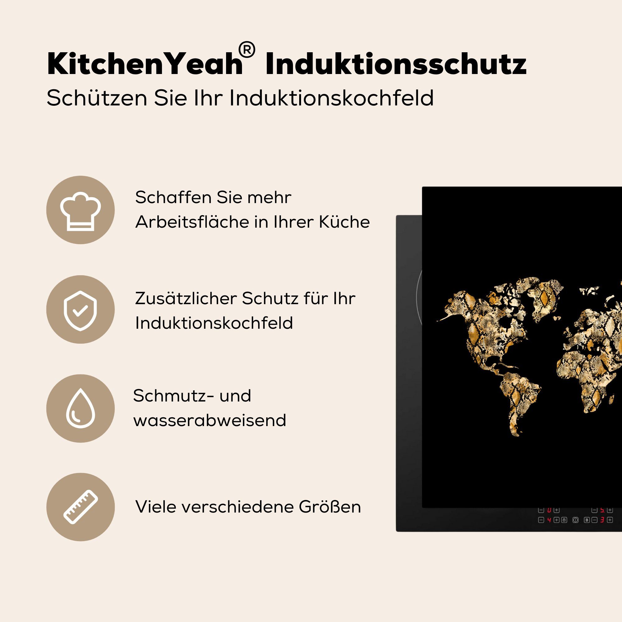 Design, tlg), - (1 küche Karte Welt Herdblende-/Abdeckplatte MuchoWow cm, Arbeitsplatte Ceranfeldabdeckung, 78x78 - - Schlange Vinyl, für