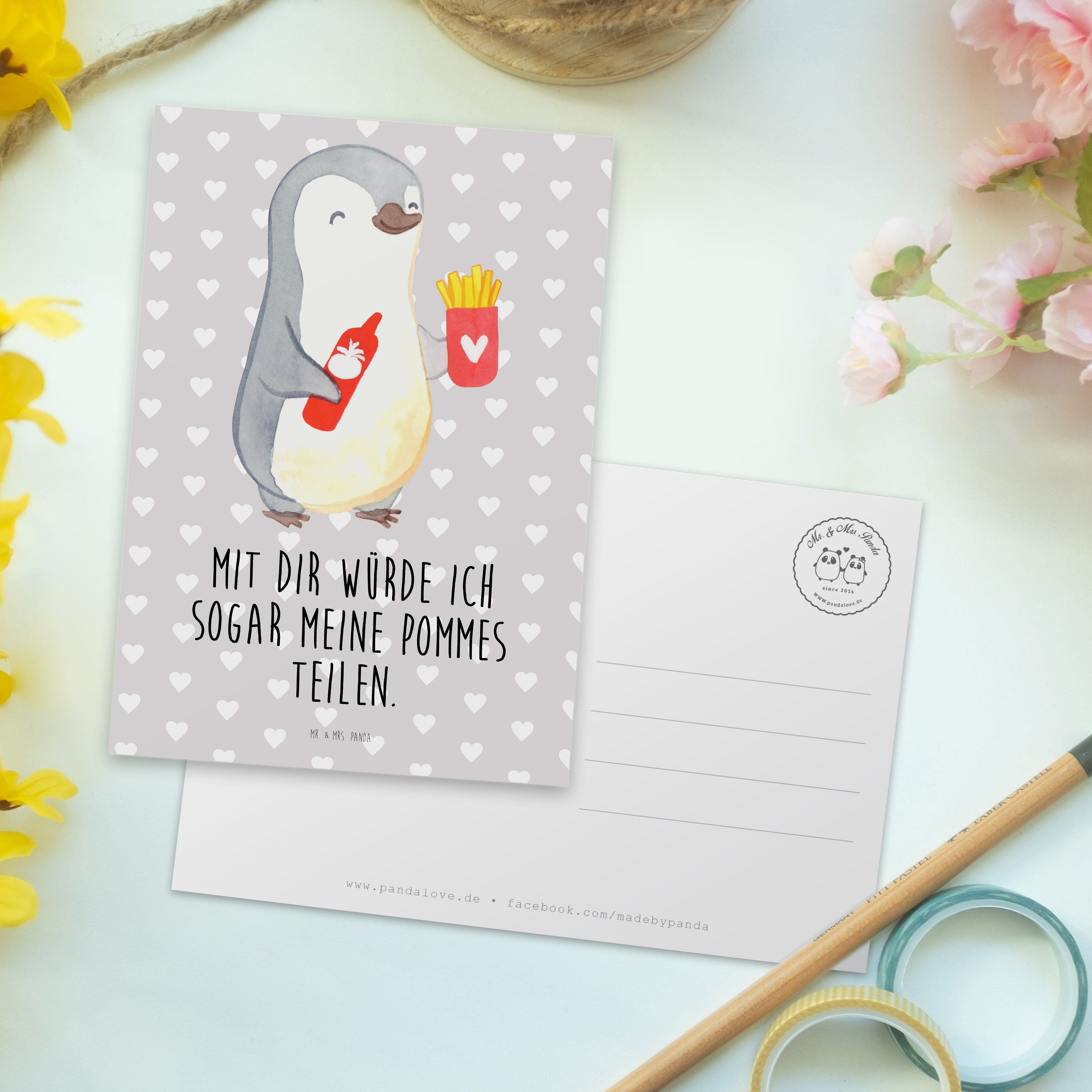 - Dankeskarte, Panda Mr. Postkarte Geschenk, Grußkarte, Grau Pommes & Pastell Mrs. - Pinguin für