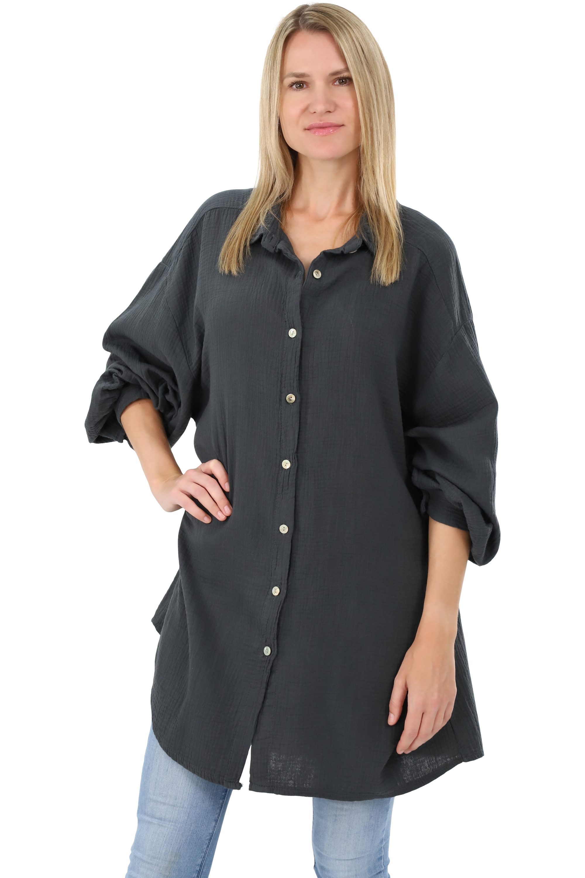 malito more than fashion Hemdbluse malito Damen Musselin Bluse, Oversize Blusenhemd im lässigem Look, weicher Musselinstoff - Einheitsgröße