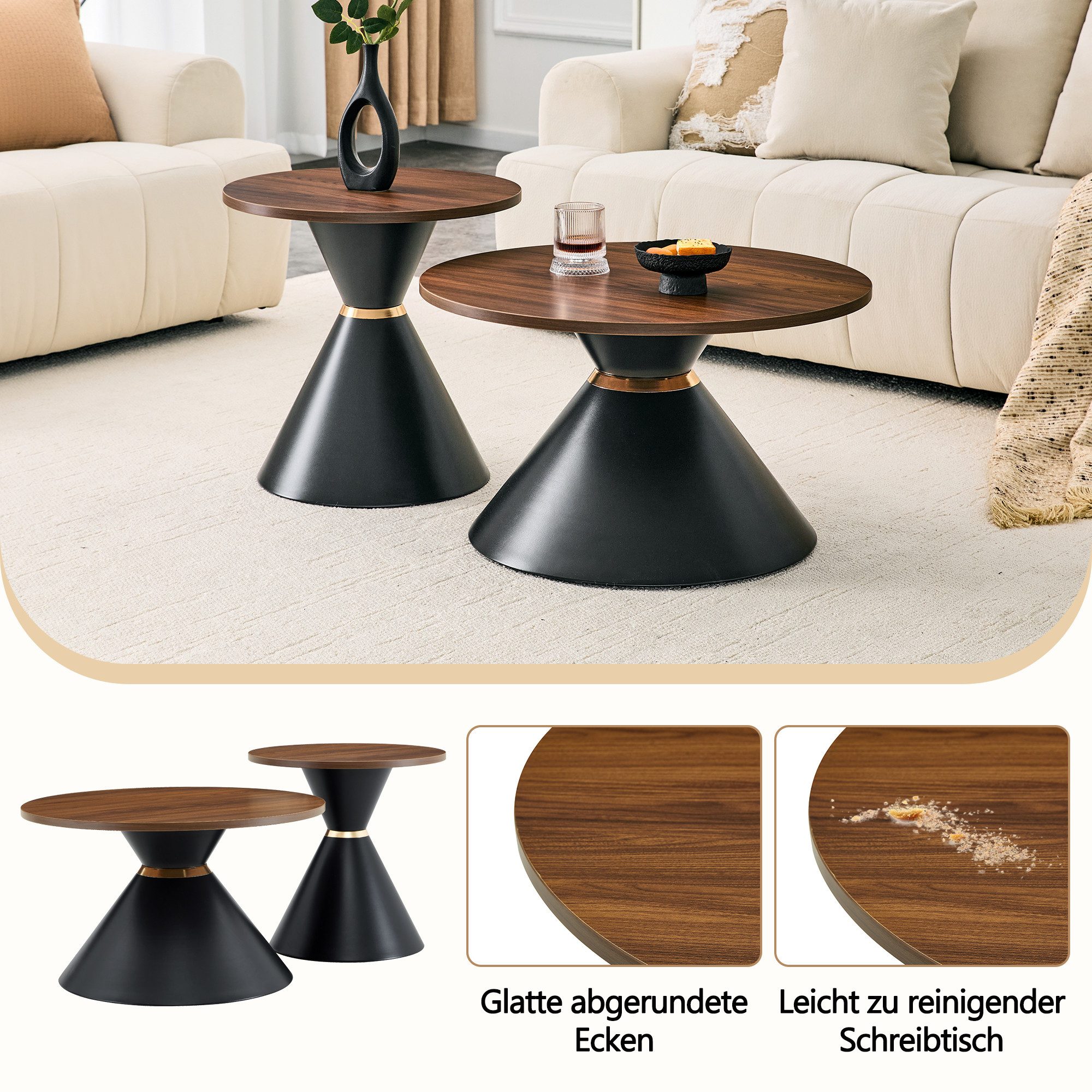Celya Couchtisch 2er Set Nesting-Couchtische, mit Metallkonus (platzsparend für Wohnzimmer, Schlafzimmer und Büro)