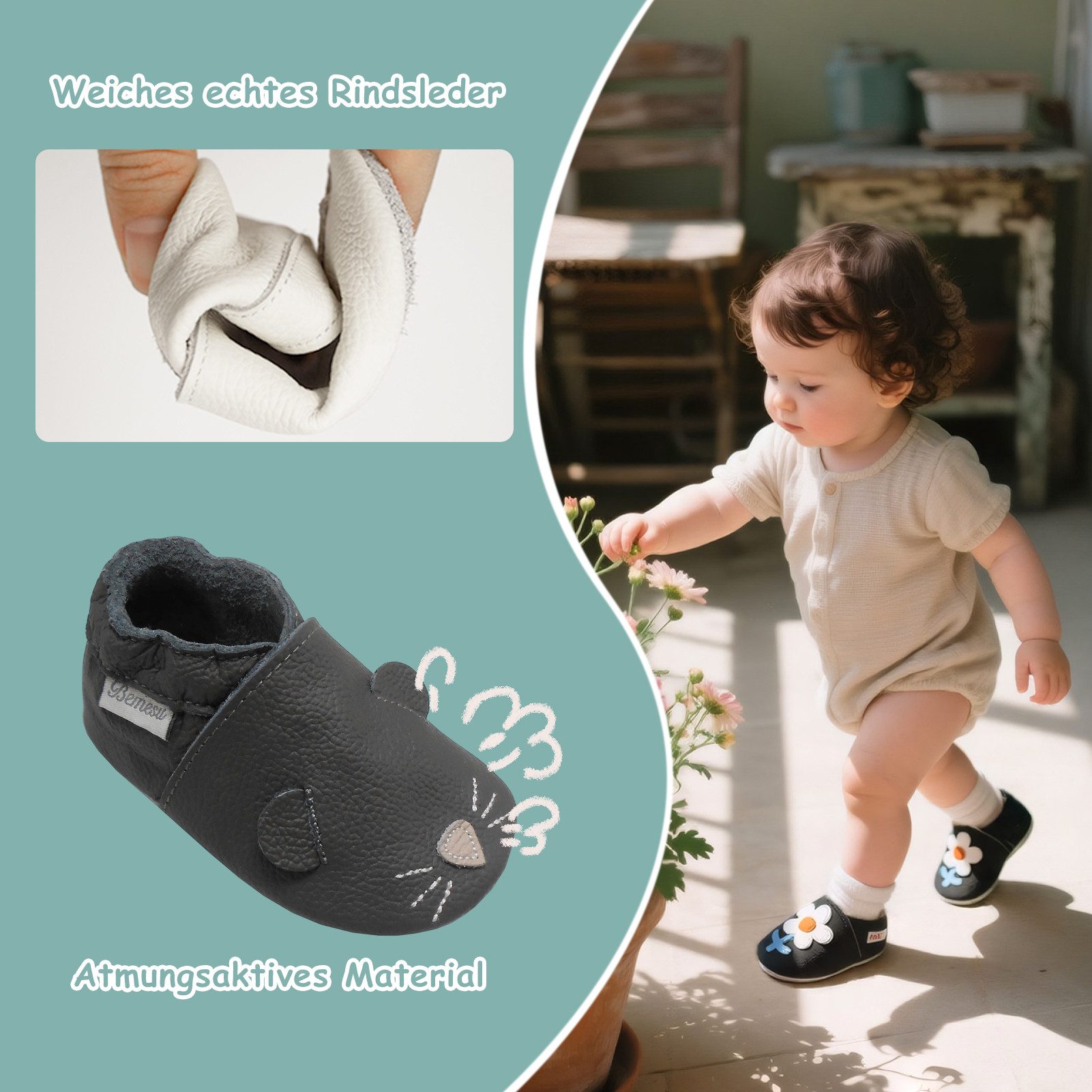Bemesu Baby 0-6 Monate Jungen Krabbelschuh aus echtem Leder