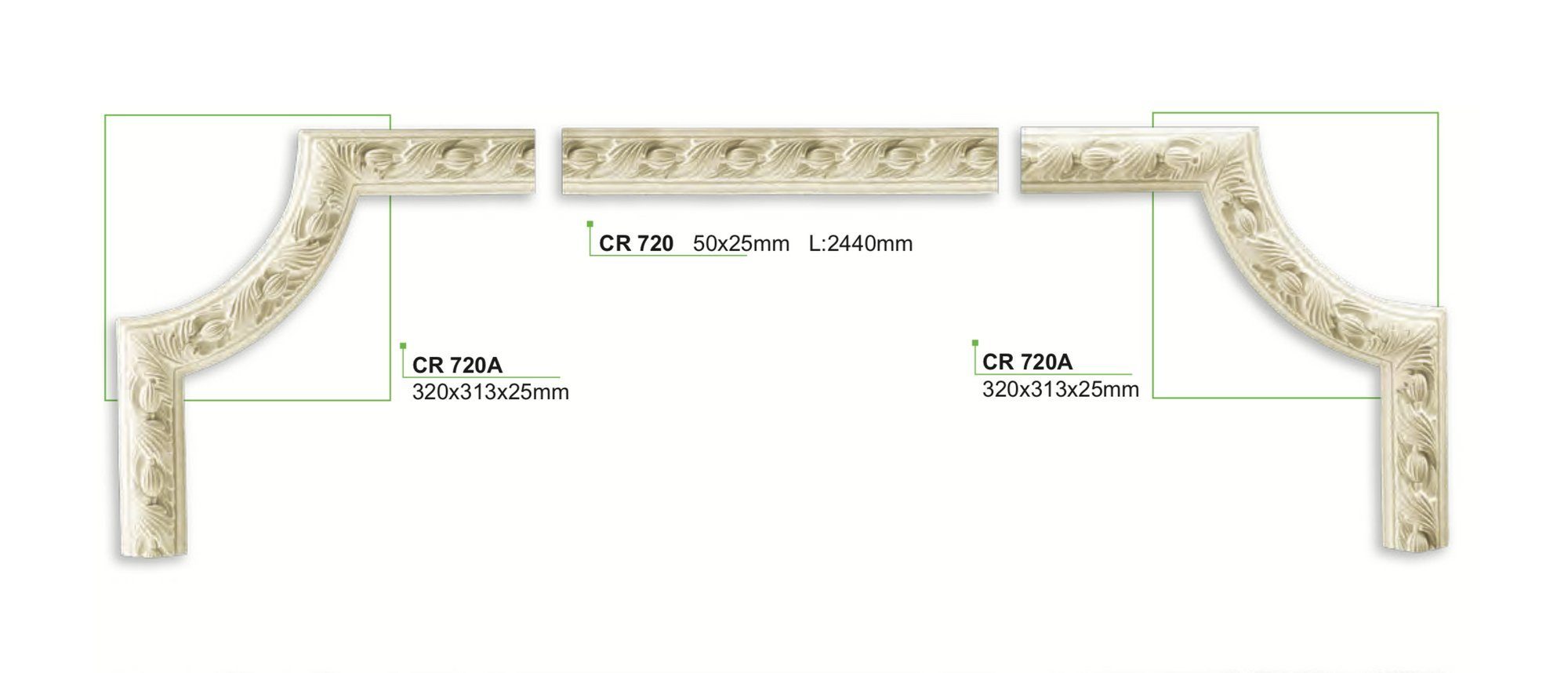 Grand Decor Stuckleiste CR720A, Wand- als weiß Ergänzung Deckenumrandung Segment 313x25mm PU / Spiegelrahmen stoßfest, und CR720A & Flachleiste, zur aus - hart 