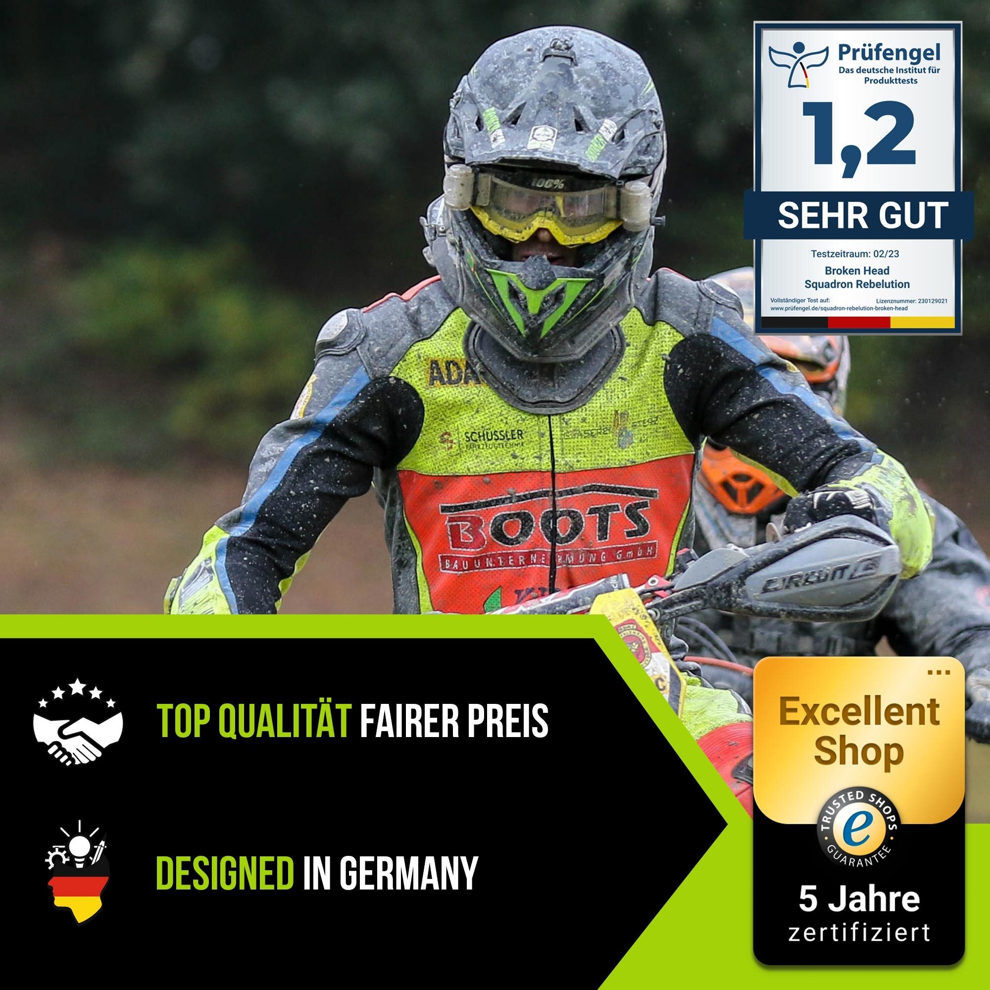 Broken Head Motocrosshelm Squadron Grau-Grün (Mit MX-2 Brille Schwarz), Zwei Verschlüsse