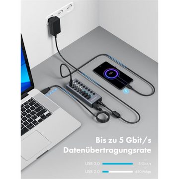 GRAUGEAR G-HUB71-A USB-Adapter, USB HUB 7x USB-A 3.0 Ports Schnelllader Netzteil Aluminium grau