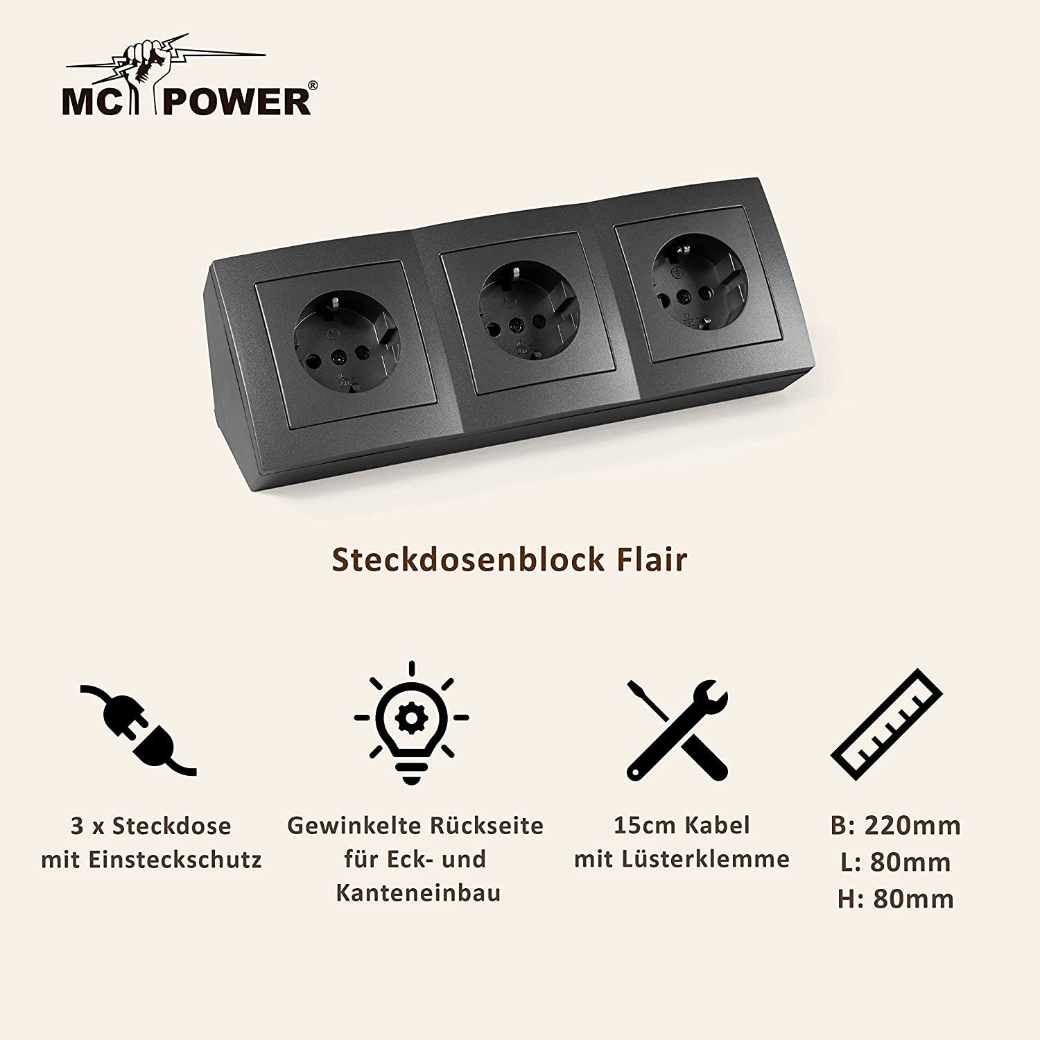 Mehrfachsteckdose ''Flair'' Aufbau, McPower Steckdosenblock McPower Anthrazit, 3-fach 250V~/16A,