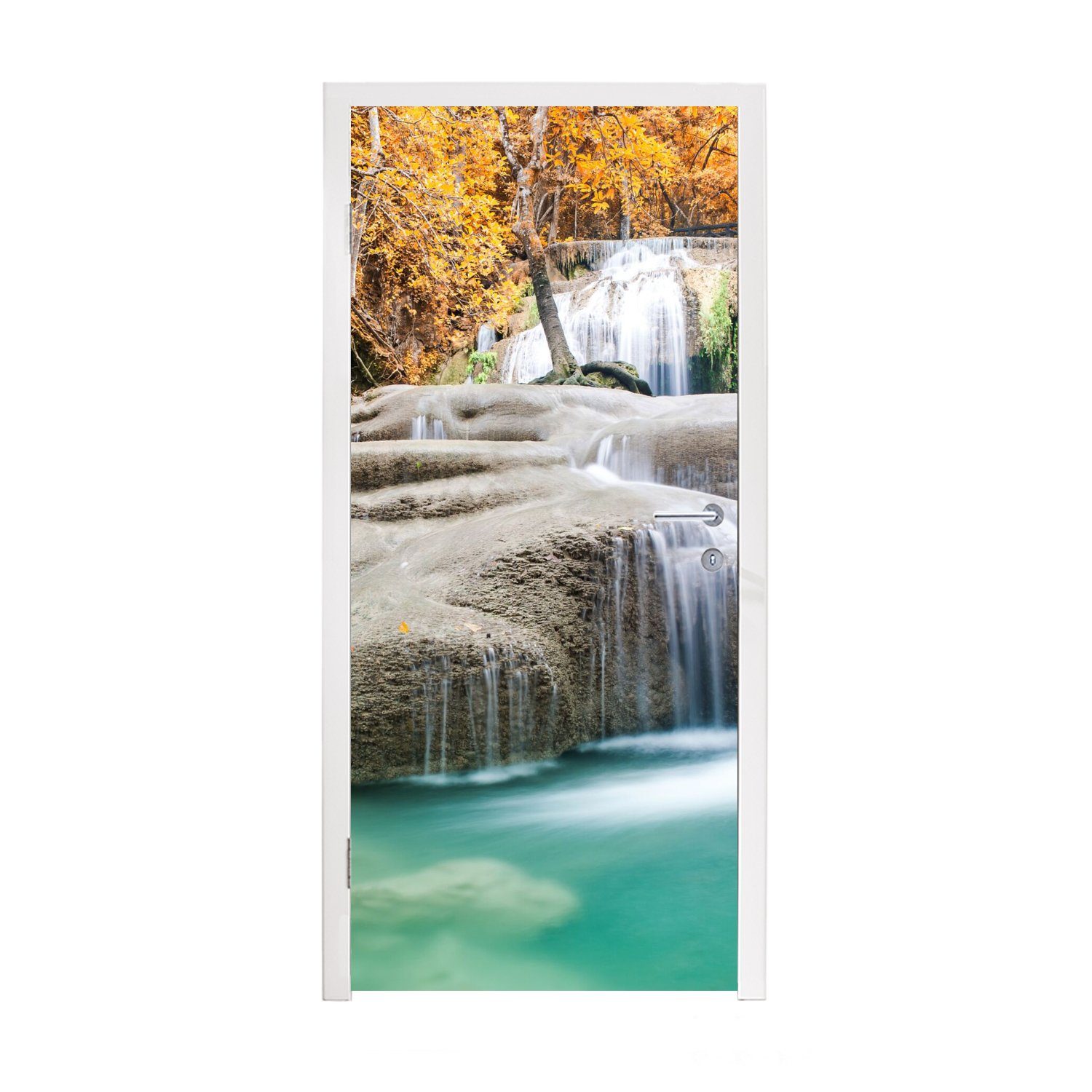 MuchoWow Türtapete Wald - Wasserfall - Herbst, Matt, bedruckt, (1 St), Fototapete für Tür, Türaufkleber, 75x205 cm