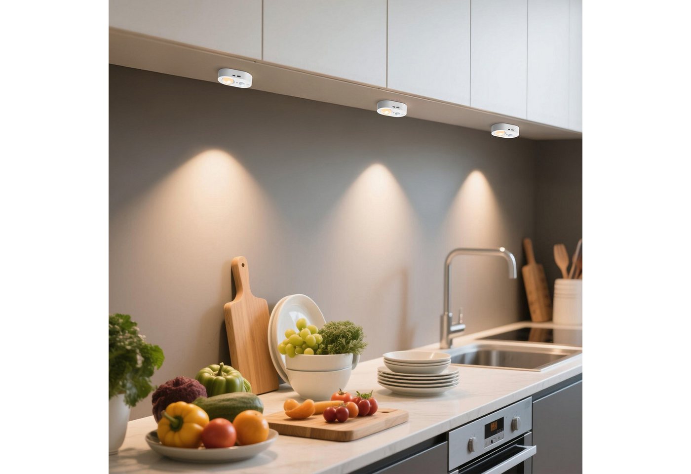 LOHAS-LED Schrankleuchte 3er Set wiederaufladbare LED Schrankleuchten mit Bewegungsmelder, LED fest integriert, Warmweiß, Tageslicht, Kaltweiß, 65mm Katzenauge, dimmbar per Fernbedienung, 750mAh USB-C Akku
