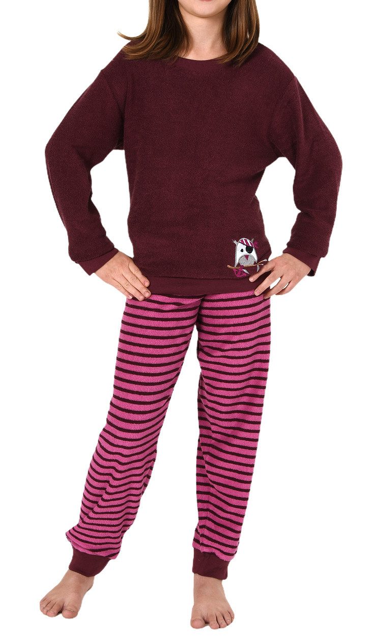 Normann Pyjama Mädchen Frottee Schlafanzug langarm mit Bündchen & Eulen-Applikation