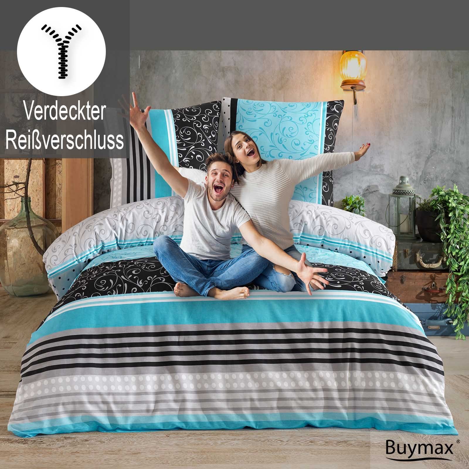 Buymax Bettwäsche Sara, Renforcé: 100% Baumwolle, 2 teilig, 135x200 cm, mit Reißverschluss, Streifen Gestreift Türkis Grau Schwarz