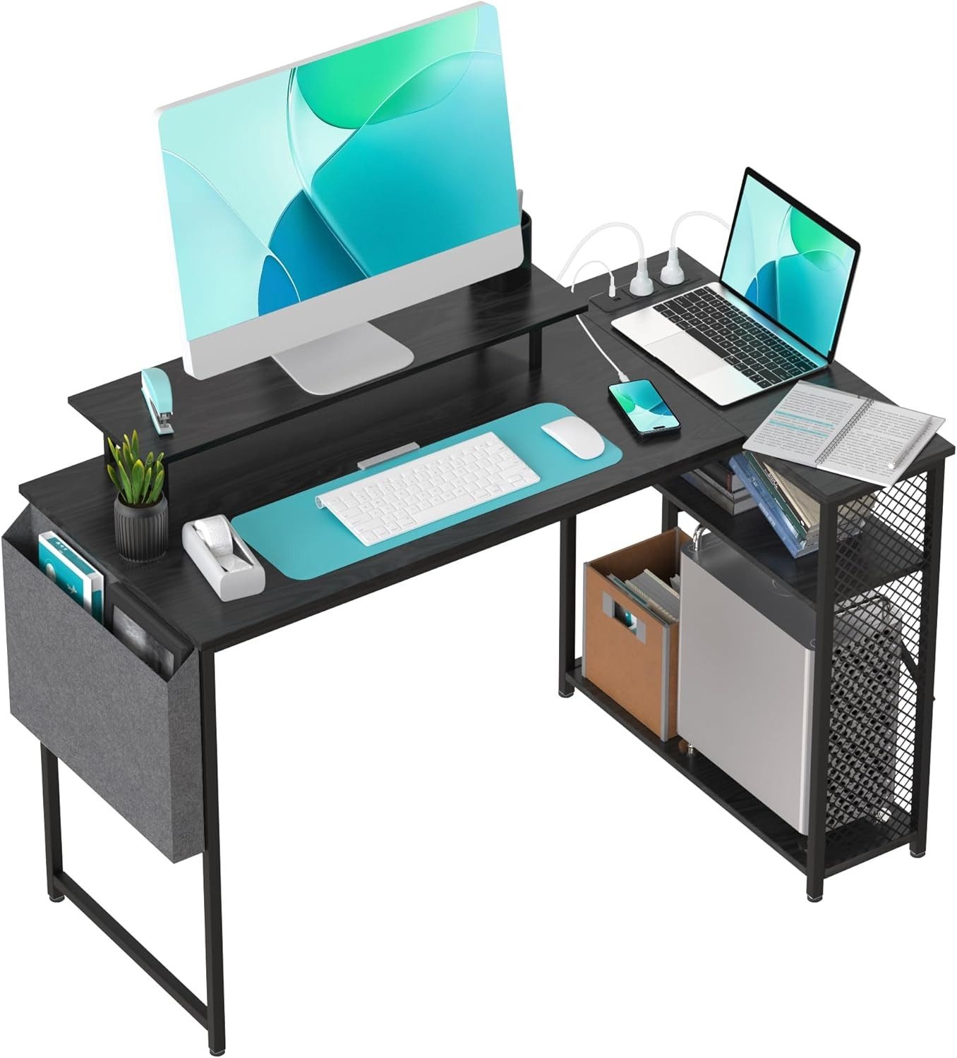 Schreibtisch Eckschreibtisch L-förmiger Computertisch mit Steckdose, Monitorständer