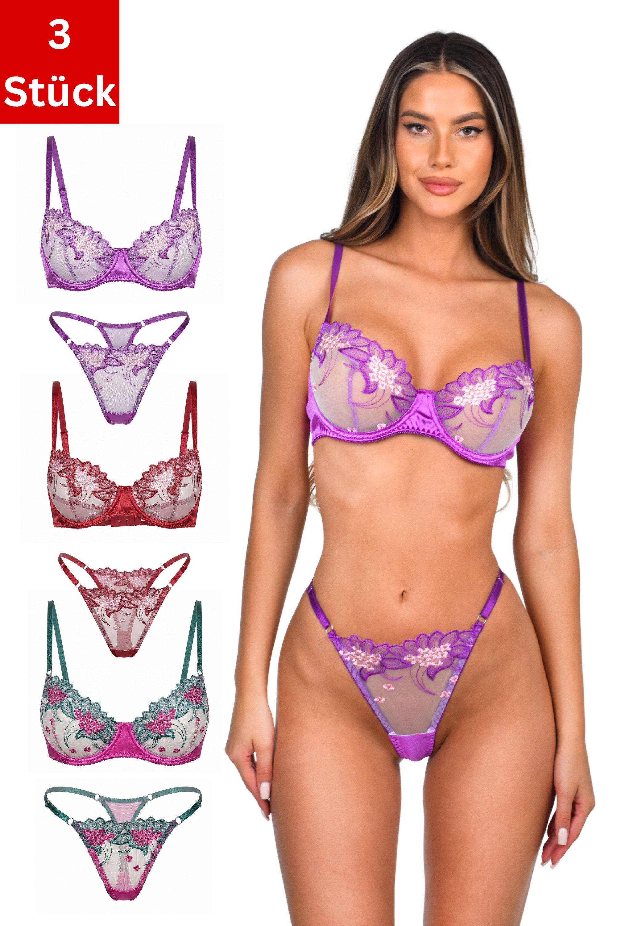 Elegant Love Set: Bügel-BH Dessous-Set, Reizwäsche, bestickte BH und Tanga (Set, 2-tlg., 3er-Pack) Lingerie mit Spitzen-String, Damenunterwäsche, Transparent