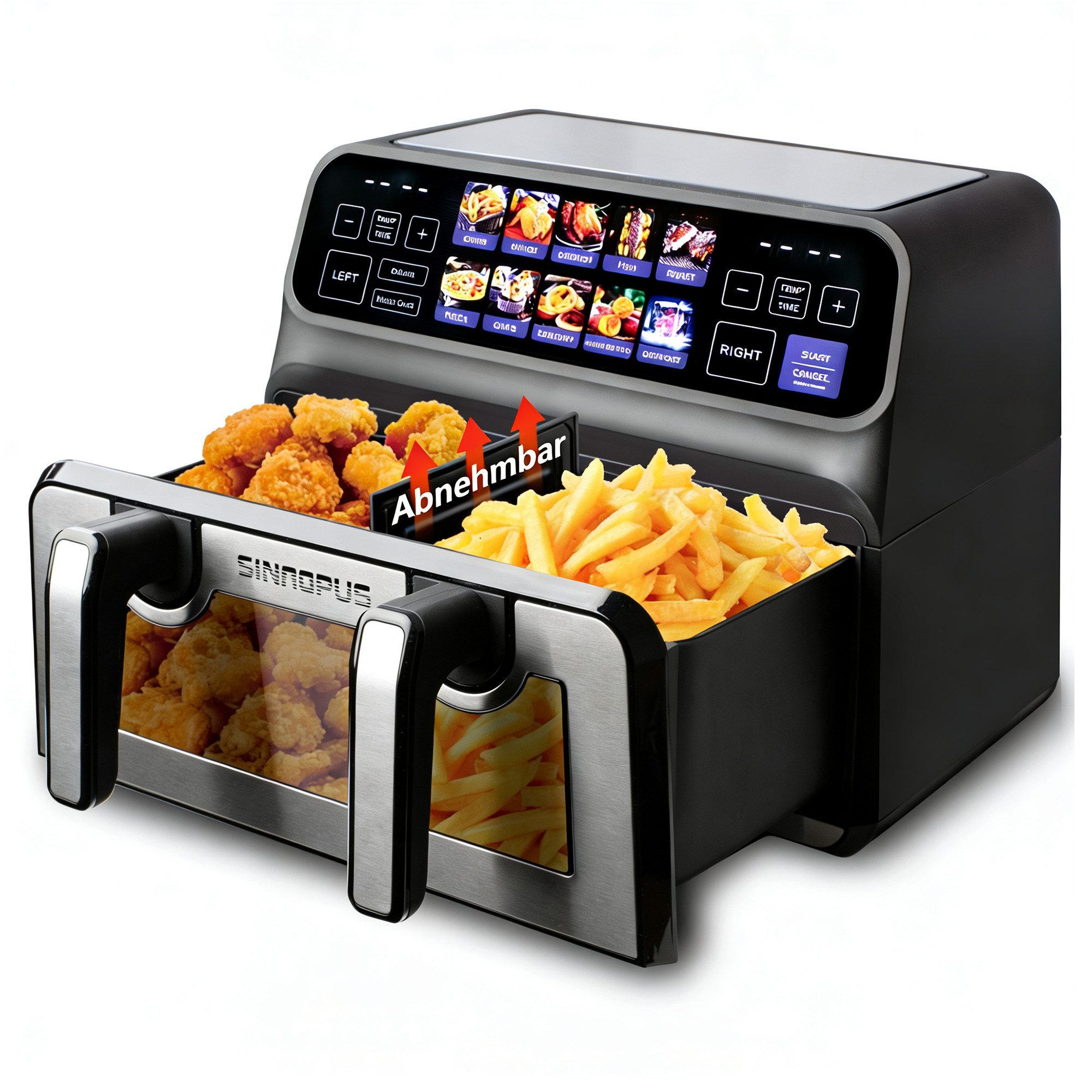WHEELYOU Heißluftfritteuse 2 Kammern, 9L Airfryer Doppelkammer Einkammer Verstellbar, 2200 W, Touch Display, Sichtfenster, Silber/Edelstahl, Doppelkammer