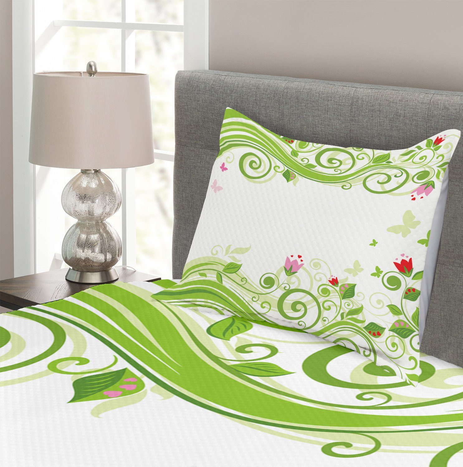 Waschbar, Stripes Green Flower Tagesdecke Blühende mit Abakuhaus, Kissenbezügen Set