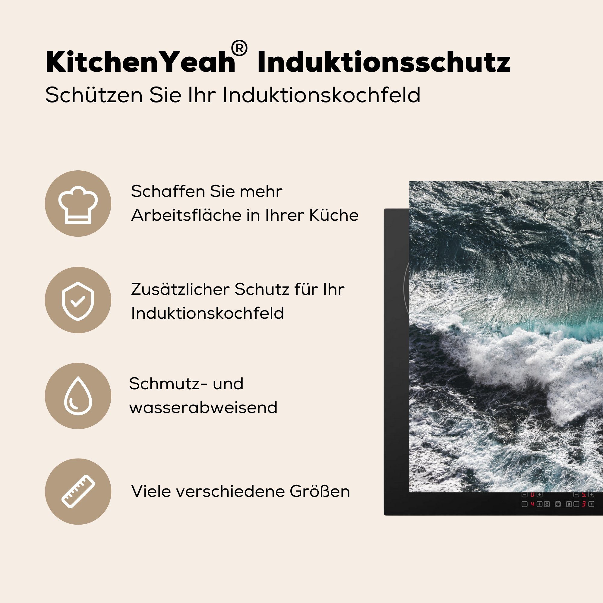MuchoWow Herdblende-/Abdeckplatte die Schutz Vinyl, Meer aus Induktionskochfeld (1 Wellen Vogelperspektive, tlg), 81x52 cm, küche, für der Ceranfeldabdeckung im