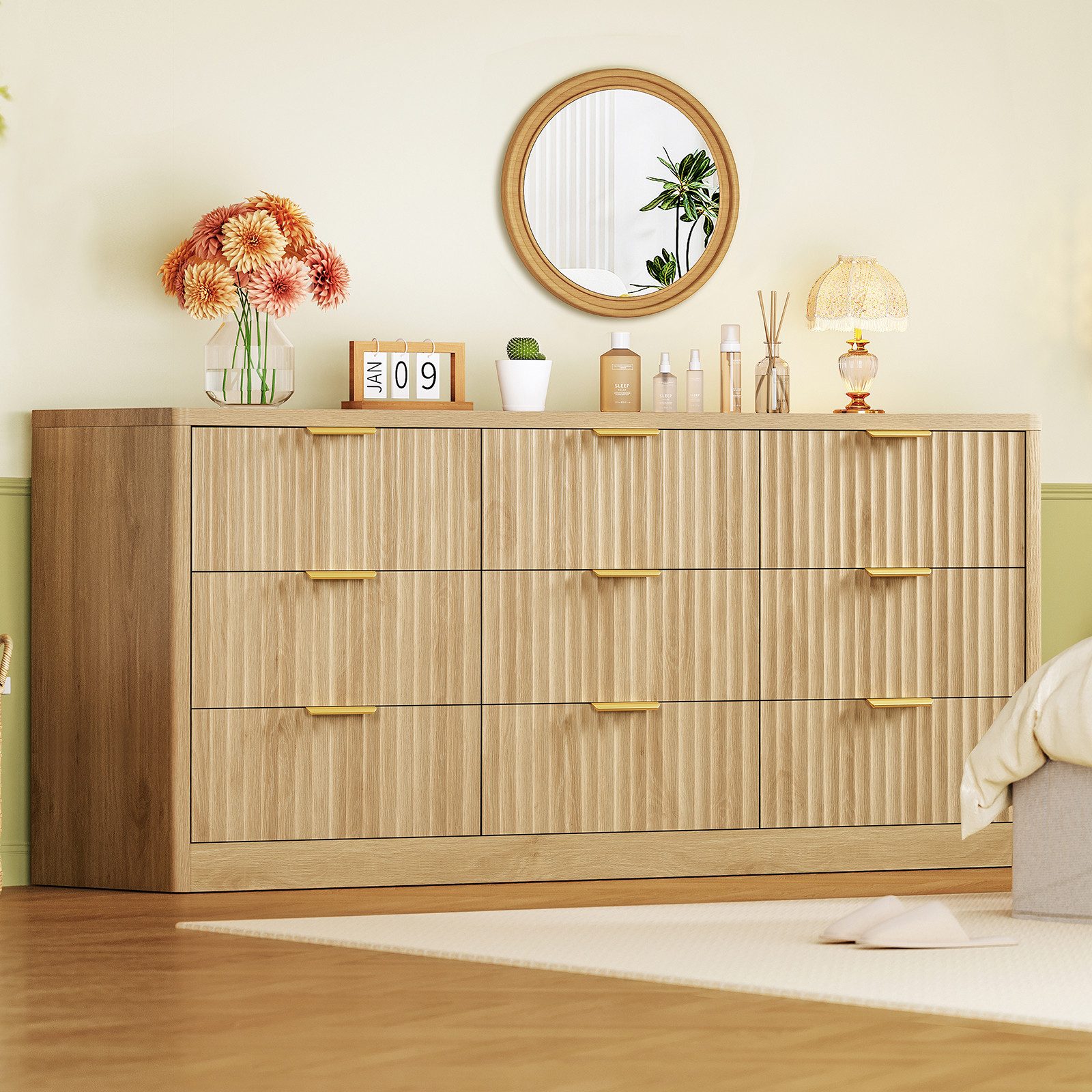 TEENFON Kommode mit Schubladen, vertikalen Rillen und Metallgriffen – Naturholzfurnier (1 St)