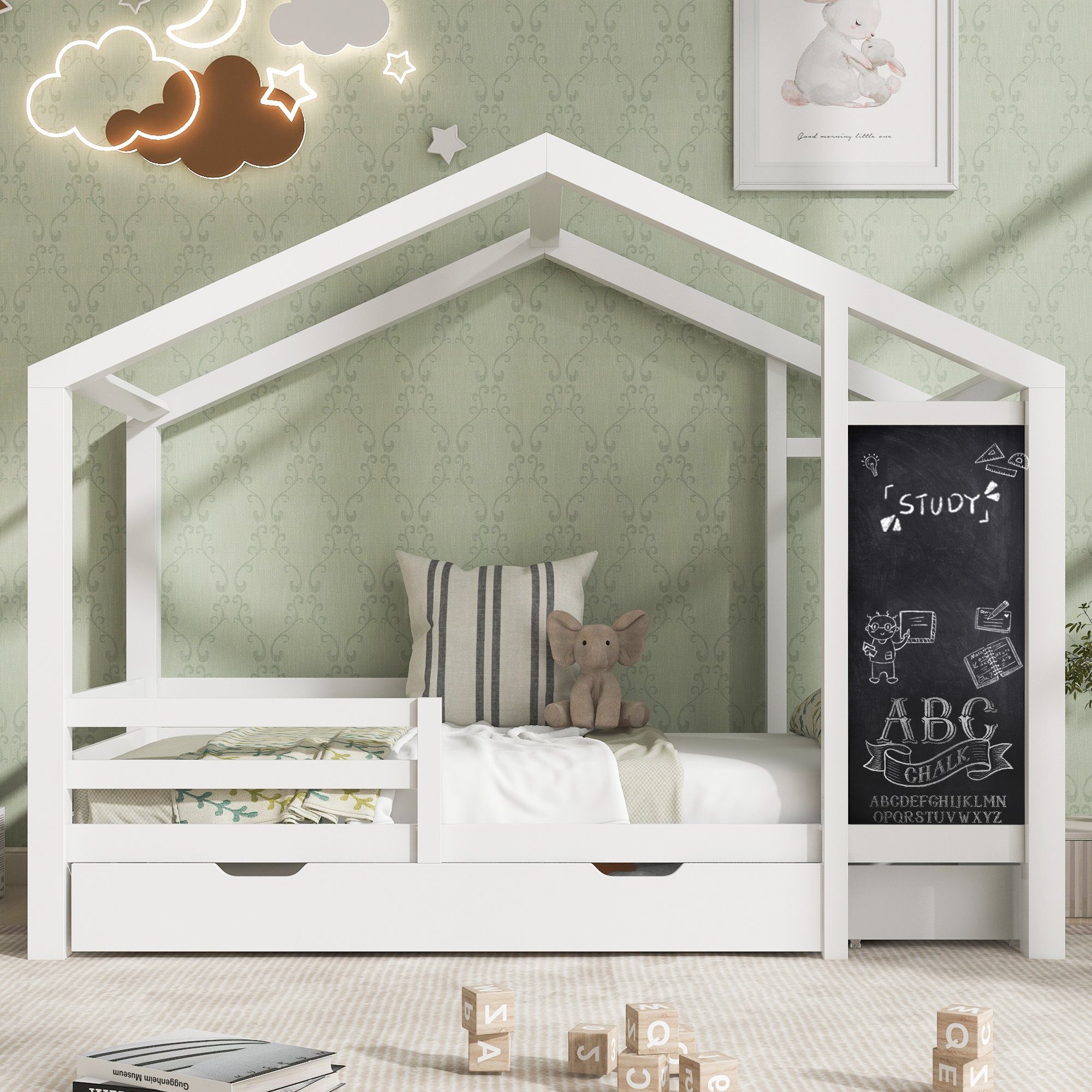 Ulife Kinderbett Hausbett Holzbett mit Tafel und 2 Schubladen,  Rausfallschutz und Lattenrost, 90 x 200 cm, Weiß