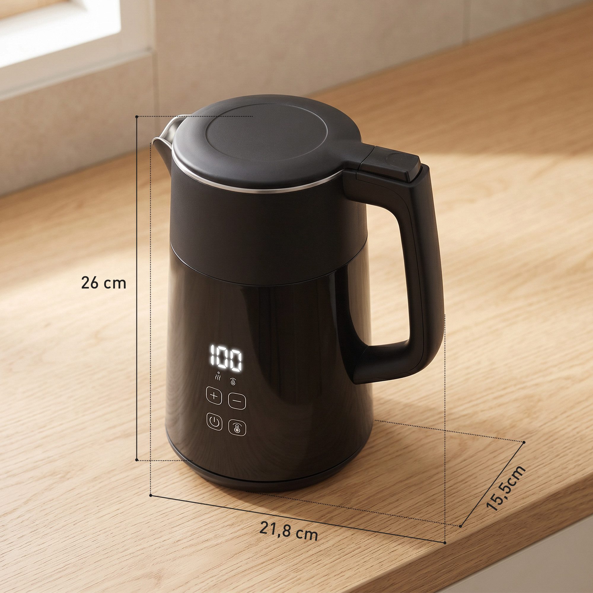 HOMCOM Wasserkocher Elektrischer Schnellkochend, 2200W, mit LED-Display, Schwarz, 1.7 l, 3000 W, PTFE-freier Edelstahl, elektronische Temperatureinstellung – Bild 3 von 5
