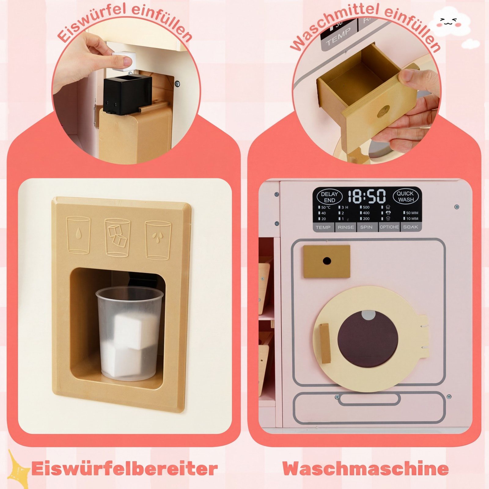 COSTWAY Spielküche Holz, Eck-Spielküche mit Doppeltür-Kühlschrank, Mikrowelle
