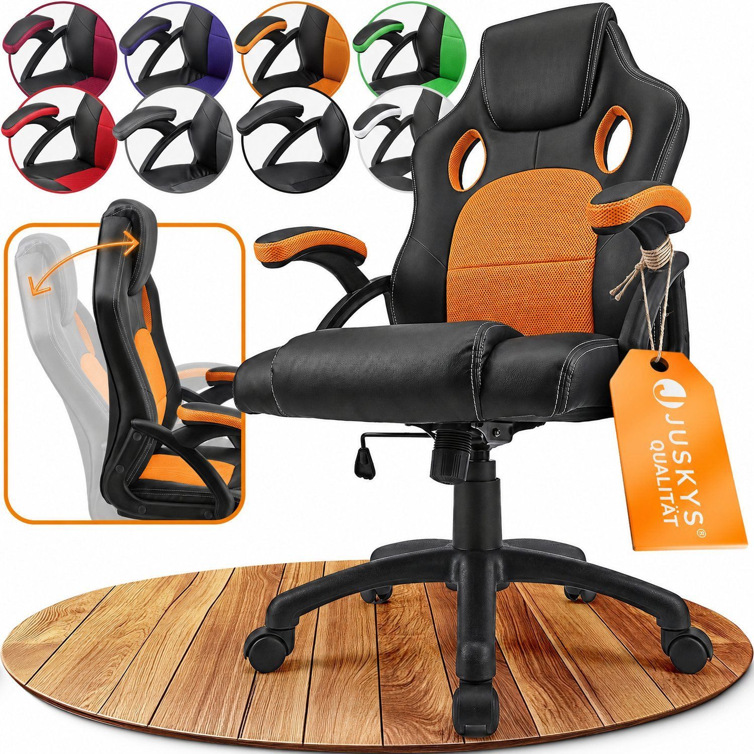 Juskys Gaming-Stuhl Montreal, Ergonomisch geformte Sitzfläche, Rückenlehne und Sitzfläche kippbar