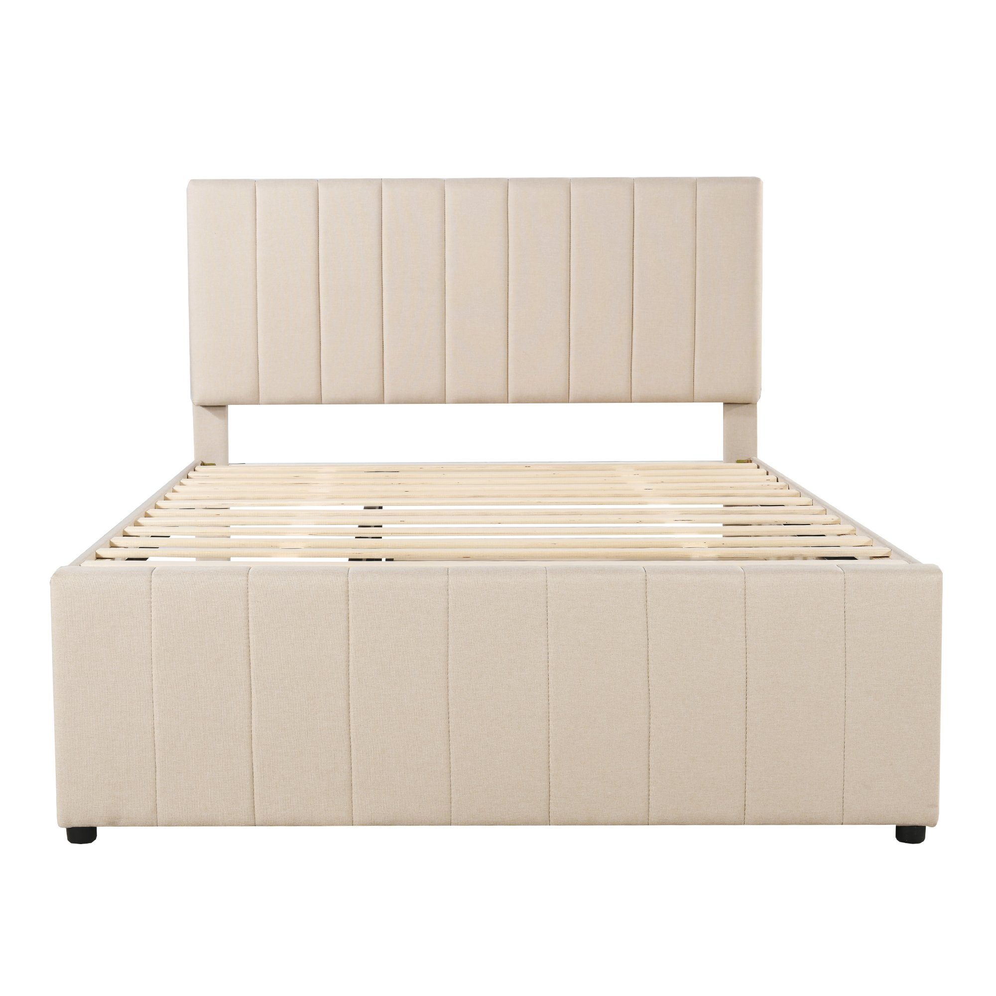 Polsterbett (Doppelbett 140x200cm), mit 3 Schubladen und Ausziehbett 90x190cm, Bezug aus Baumwolle-Leinen