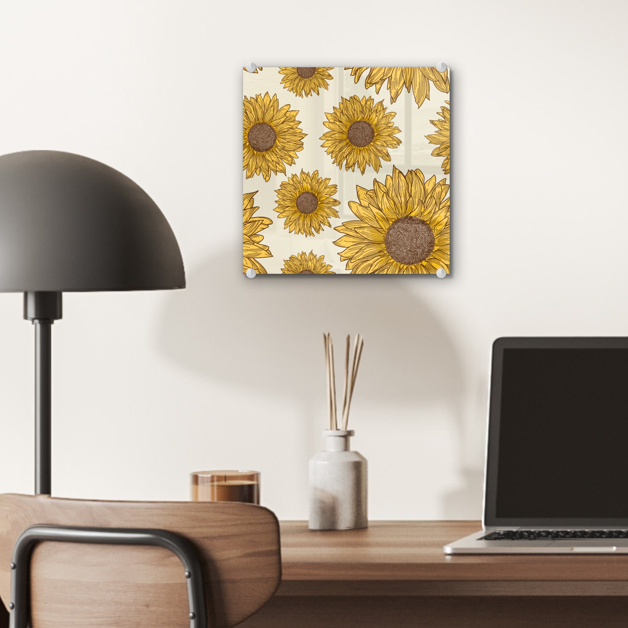 Sonnenblumen, Muster St), auf von - Bilder Illustriertes - Glas MuchoWow Acrylglasbild - Glasbilder Glas auf Foto Wanddekoration (1 Wandbild