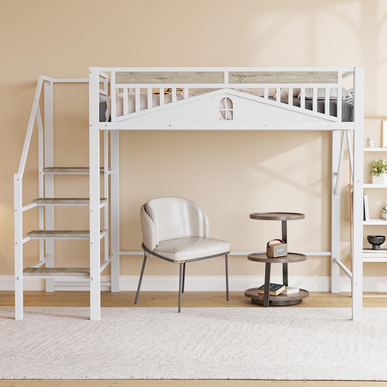 LuxusKollektion Hochbett Hochbett Metall 140x200 mit Treppe Weiß (1-St)