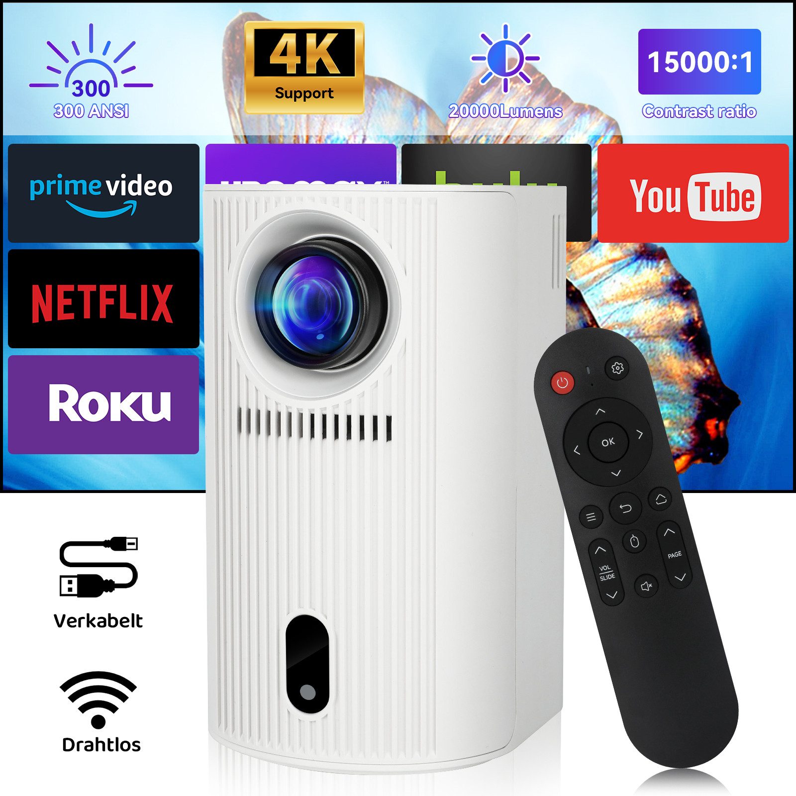 Happybe Mini Проэкторы 4K 1920 x 1080P, Unterstützt WiFi 6, BT 5.4 Android 11 Portabler Projektor (1920 x 1080 px, mit HDMI/USB /TV Stick, 1500:1, HIFI-Lautsprecher 4K 1080p unterstützt)