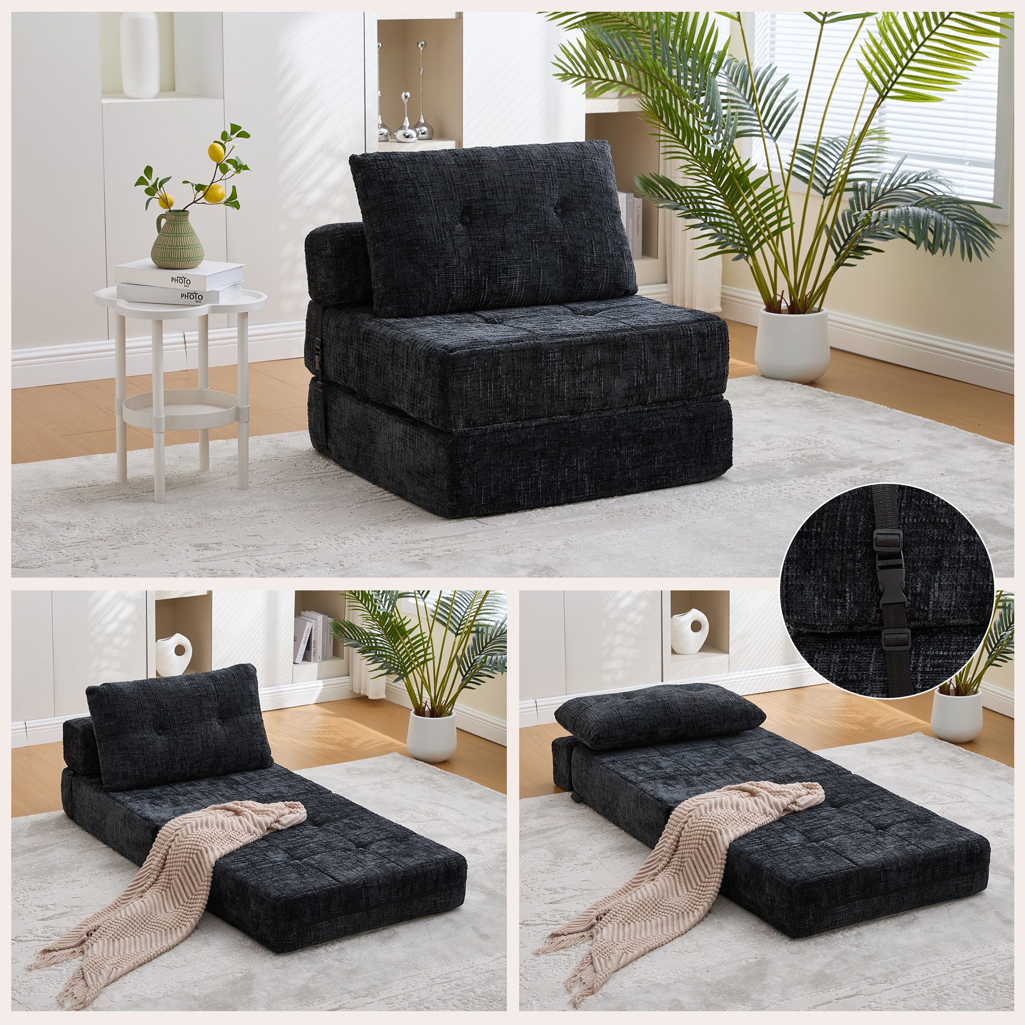 STILVORA Sofa Klappbar Einzelsofa,Klappsofa mit Kissen,Bodensofa Chenille,Schwarz, Bequemes faltbares Wohnzimmer Sofa mit Kissen & Rückenlehne – Klappmatratze, für Gästezimmer & Wohnzimmer