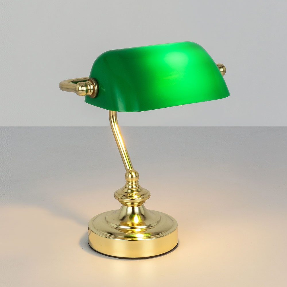 Schreibtischlampe, Bankerleuchte E14 grün inklusive, nicht Tischleuchte Leuchtmittel Globo beweglich Messing