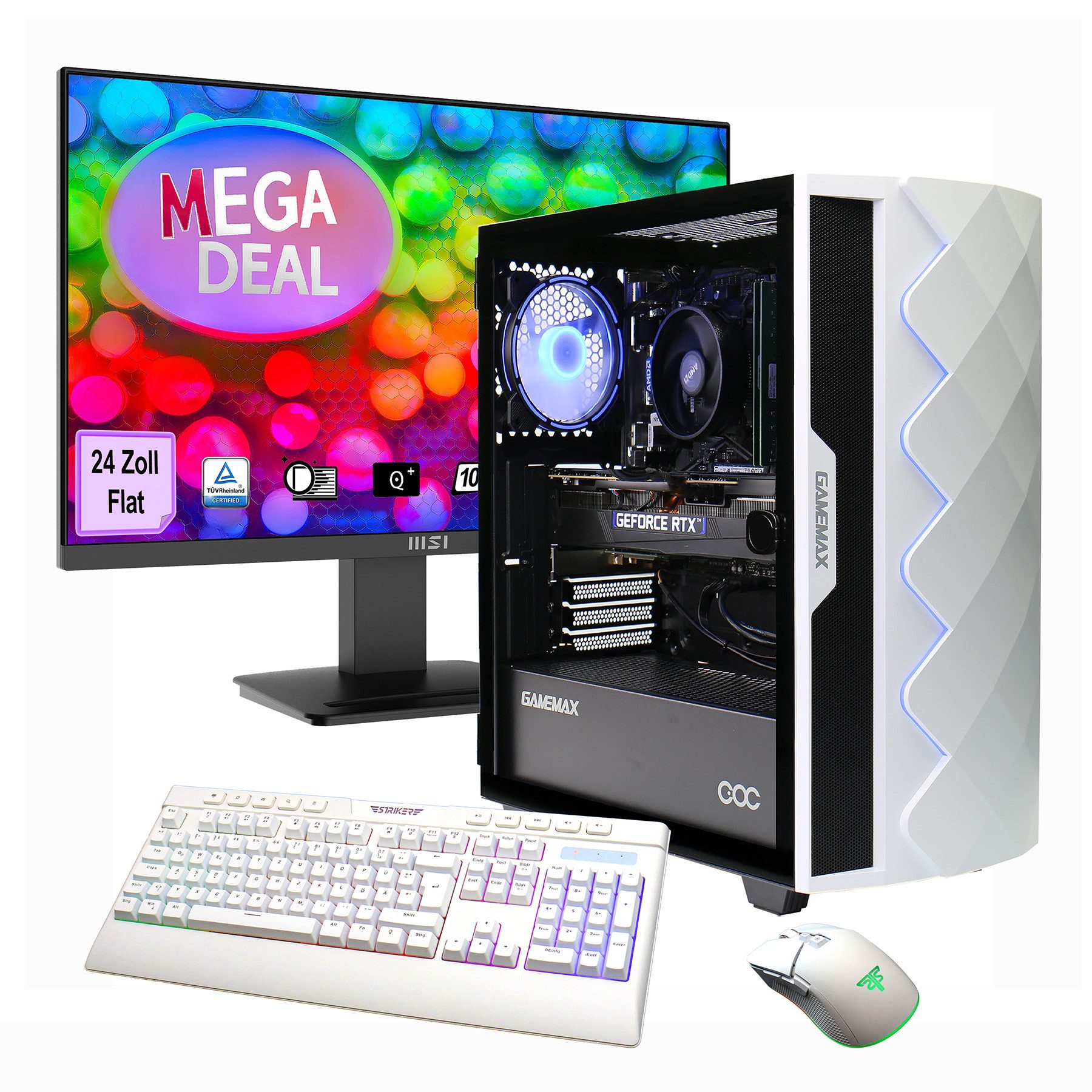 GAMEMAX MegaDeal Diamond WT 2701 AMD Ryzen 7 5700X RTX 5060 16GB 1TB SSD Gaming-PC-Komplettsystem (24", AMD Ryzen 7 5700X, RTX 5060, 16 GB RAM, 1000 GB SSD, Windows 11 + MSI PRO MP2412DE Monitor 60cm (24)