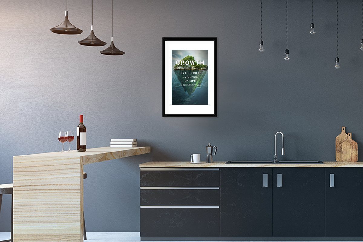 MuchoWow Poster Berg - Zitat - Wachstum, (1 St), mit Rahmen, Kunstdruck, Gerahmtes Poster, Schwarzem Bilderrahmen