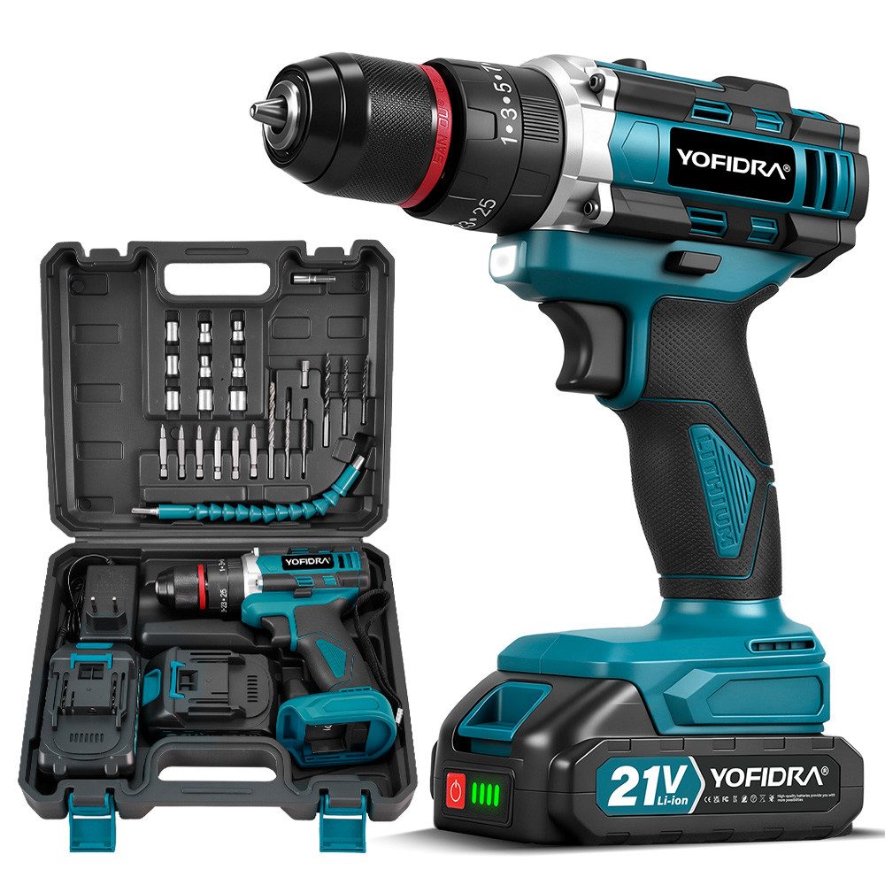 Yofidra Akku-Bohrschrauber 21V Akkuschrauber, Schraubendreher 25+3 Drehmomentstufen, max. 1600 U/min, 2 Gang Cordless Screwdriver Für Reparatur & DIY, mit 2 x 2Ah Akkus