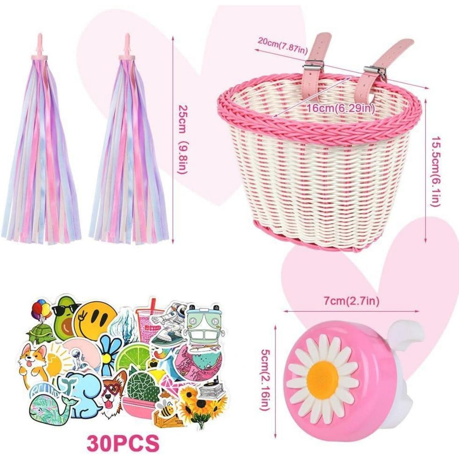 LuxusKollektion Fahrradkorb Fahrradkorb Kinder vorne abnehmbar Rattan Klingel #10 Rosa und Weiß