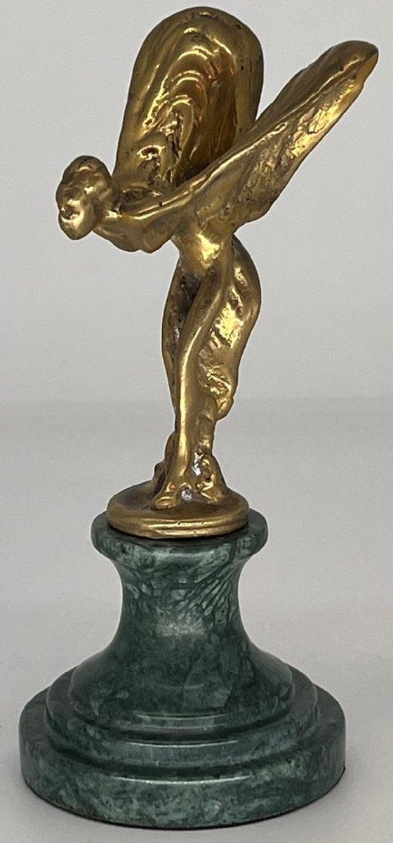 Casa Padrino Dekofigur Casa Padrino Luxus Briefbeschwerer Skulptur Frau mit Flügeln Gold / Grün 7 x 8 x H. 16 cm - Elegante Bronze Figur mit Marmorsockel - Schreibtisch Deko - Luxus Deko - Deko Accessoires