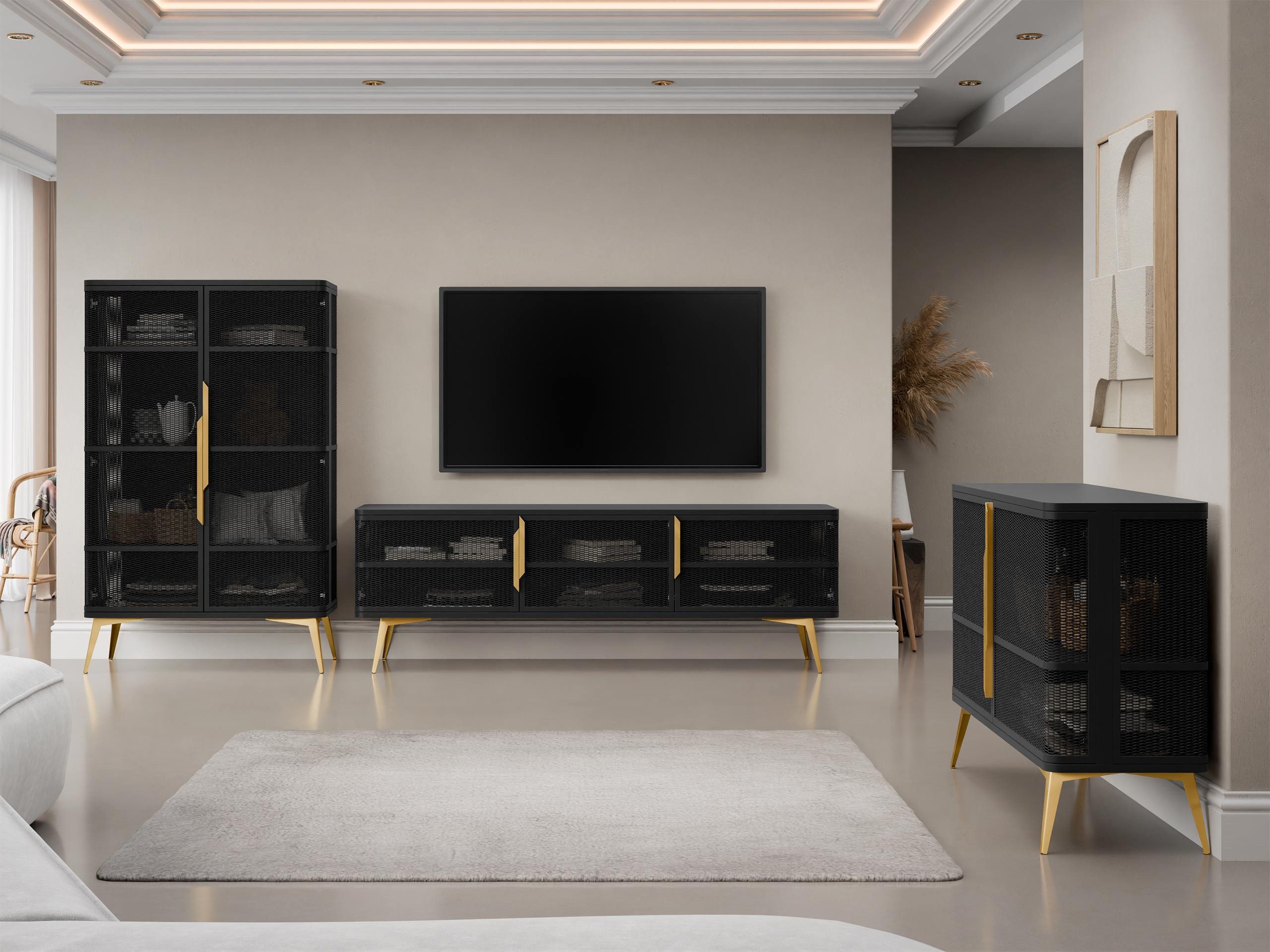 MIRJAN24 Wohnzimmer-Set Modera, (3er-Set, Kommode, TV-Lowboard, Vitrine), Griffe und Füße aus Stahl