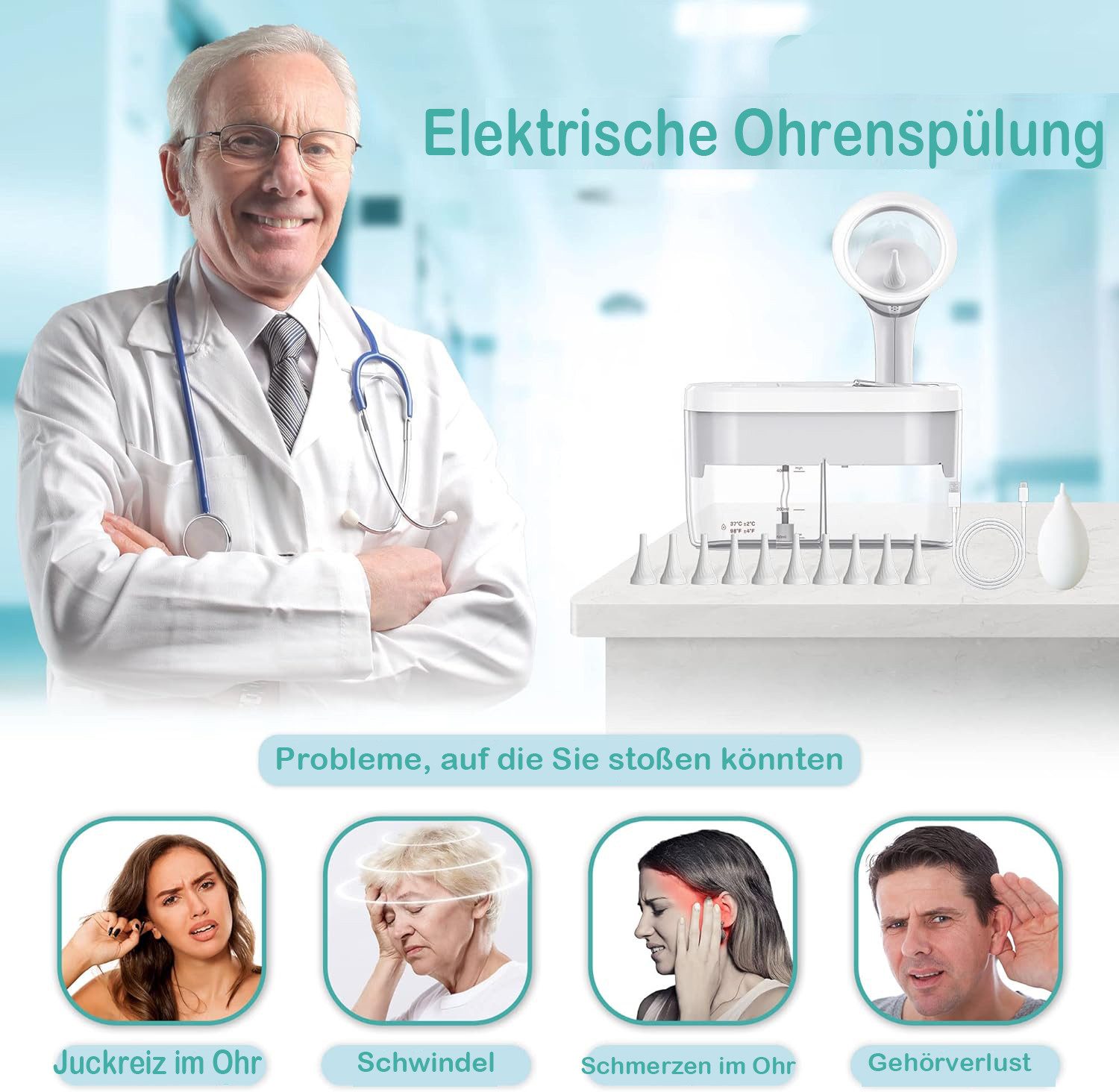 ANYSUN Ohrenreiniger Elektrischer Ohrenschmalz-Entferner, Ohrenreiniger, sicheres, Ohrreinigungsset mit automatischem Abwassersystem, 4 Druckeinstellungen, 10 Spitzen, Ohrenspülung, Ohrenschmalzentfernungswerkzeug
